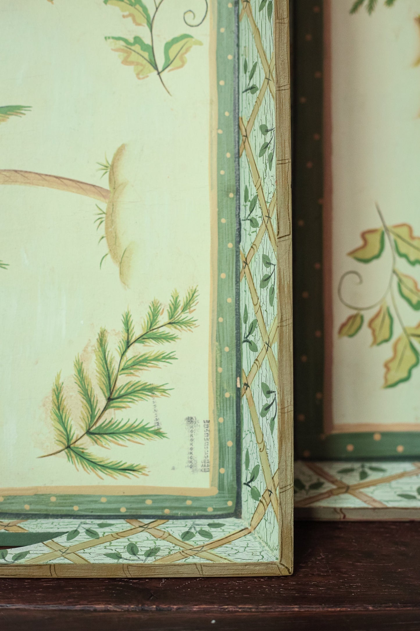 Set of Two Palm Tree and Bamboo Green Nesting Trays - Pair of Decorative Wood Serving Trays with Handles