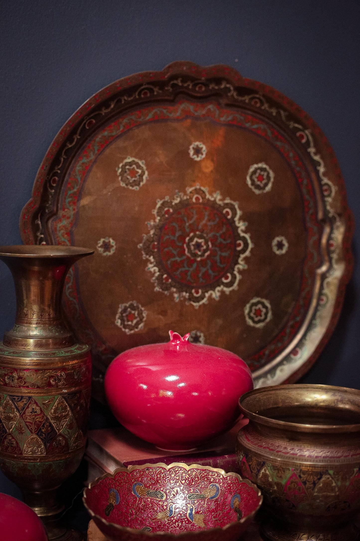 Brass Enamel Serving Tray - Vintage Brass Tray
