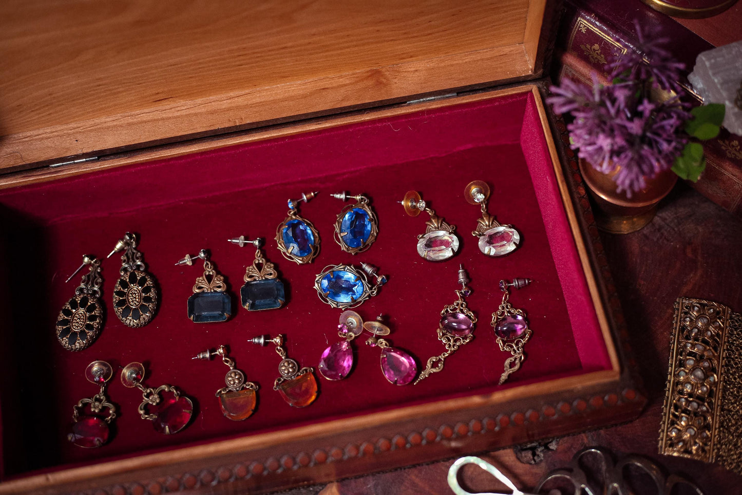Blue Oval Crystal and Brass Filigree Drop Earrings - Vintage Crystal Earrings Estate Jewelry