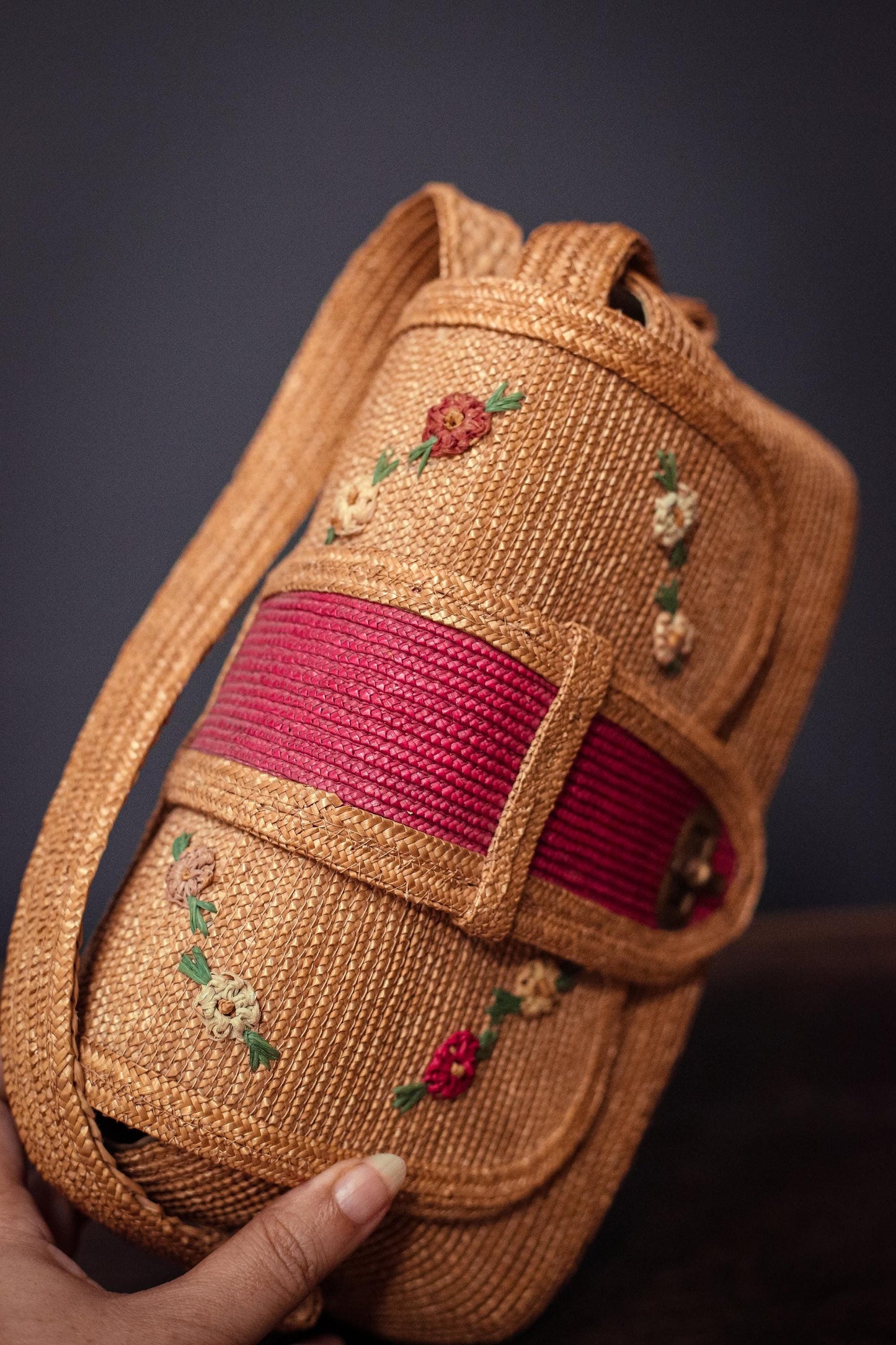 Vintage Wicker/Raffia Purse with Red & Floral Details - Bohemian Rattan Embroidered Handbag