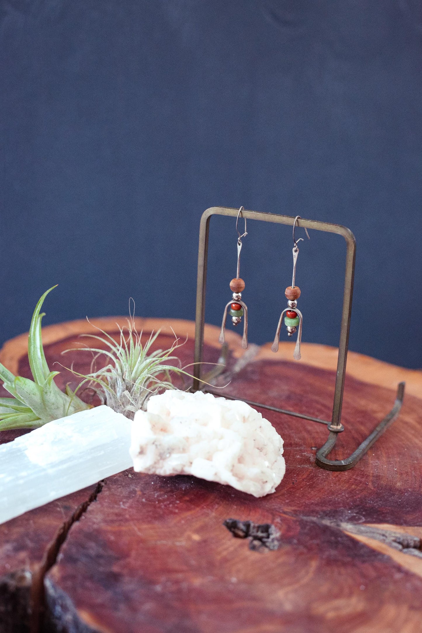 Silver Beaded Earring with Wood Carnelian Aventurine Beads- Vintage Estate Jewelry