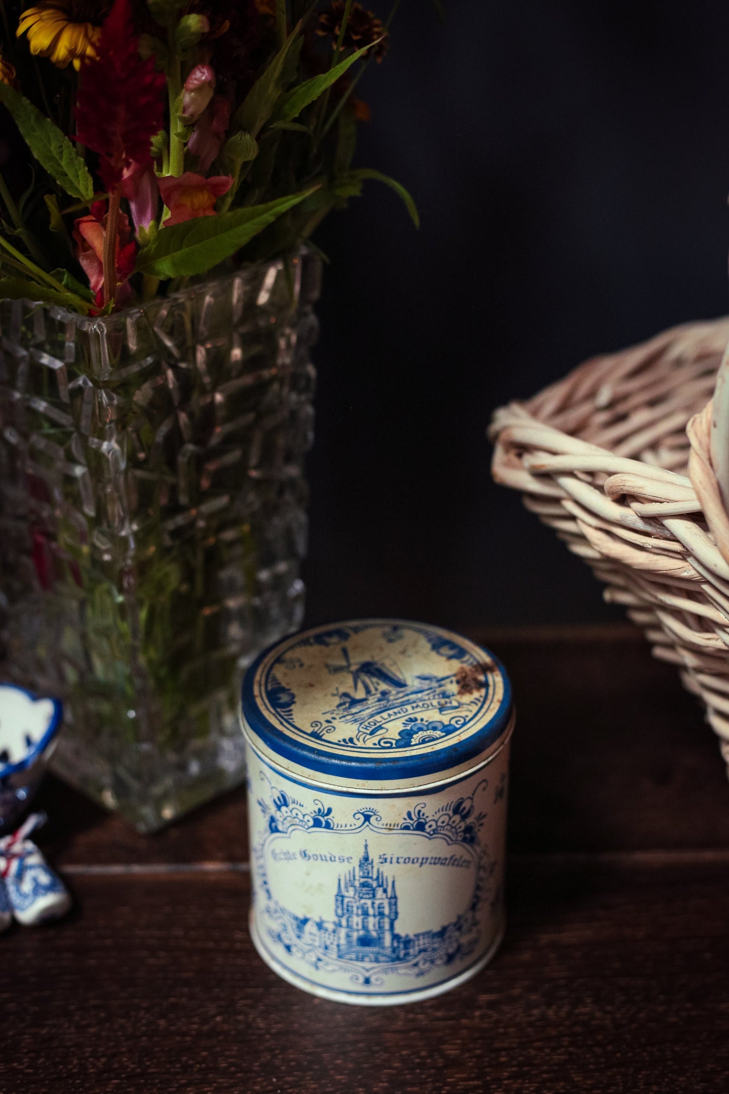 Delft Decorative Tin - Vintage Blue & White Delft Windmill Sewing Tin