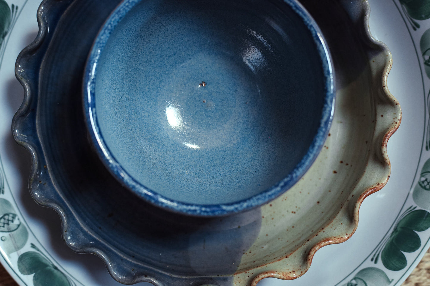 Ruffle Edge Pie Dish with Shades of Blue Palmer Signed Ceramic Pie Plate - Speckled Blue Gradient Palmer Studio Ceramic Pie Platter