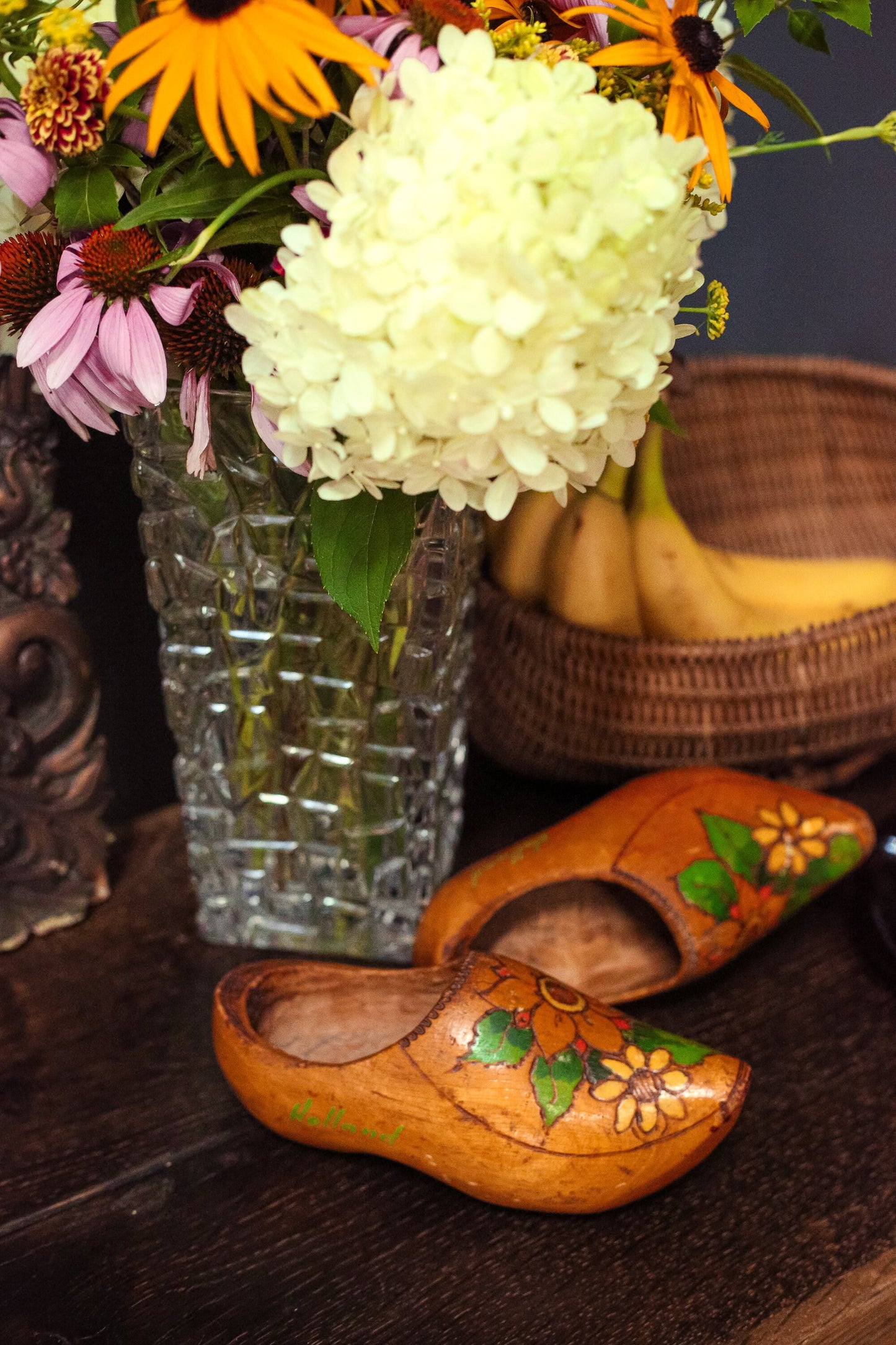 Vintage Sunflower Carved/Painted Wooden Clogs from Holland set of 2 - Pair of Dutch Sunflower Painted Wood Clogs