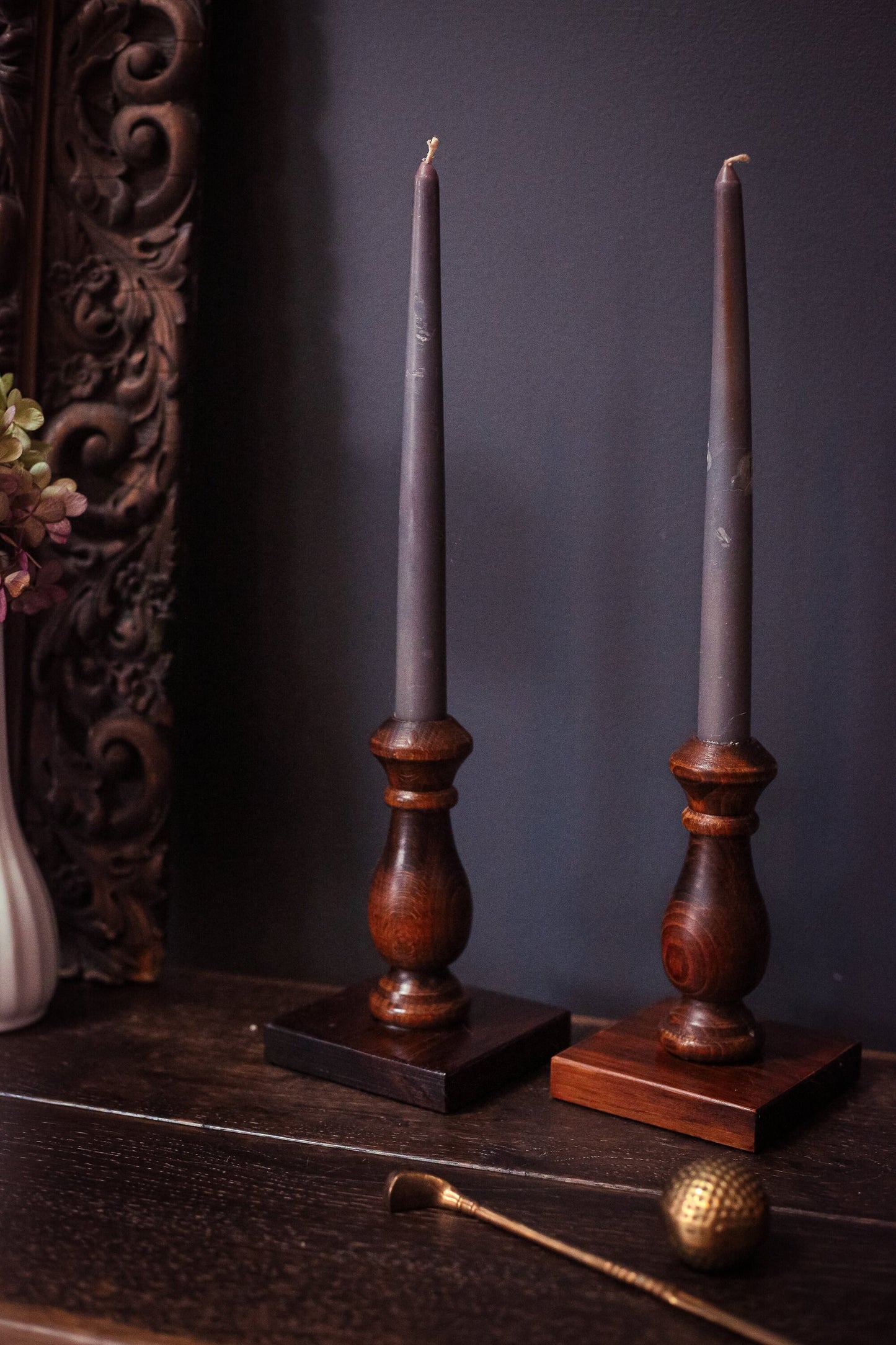 Pair of Hand Carved Wooden Candle Holders - Wood Taper/Candlestick Holder