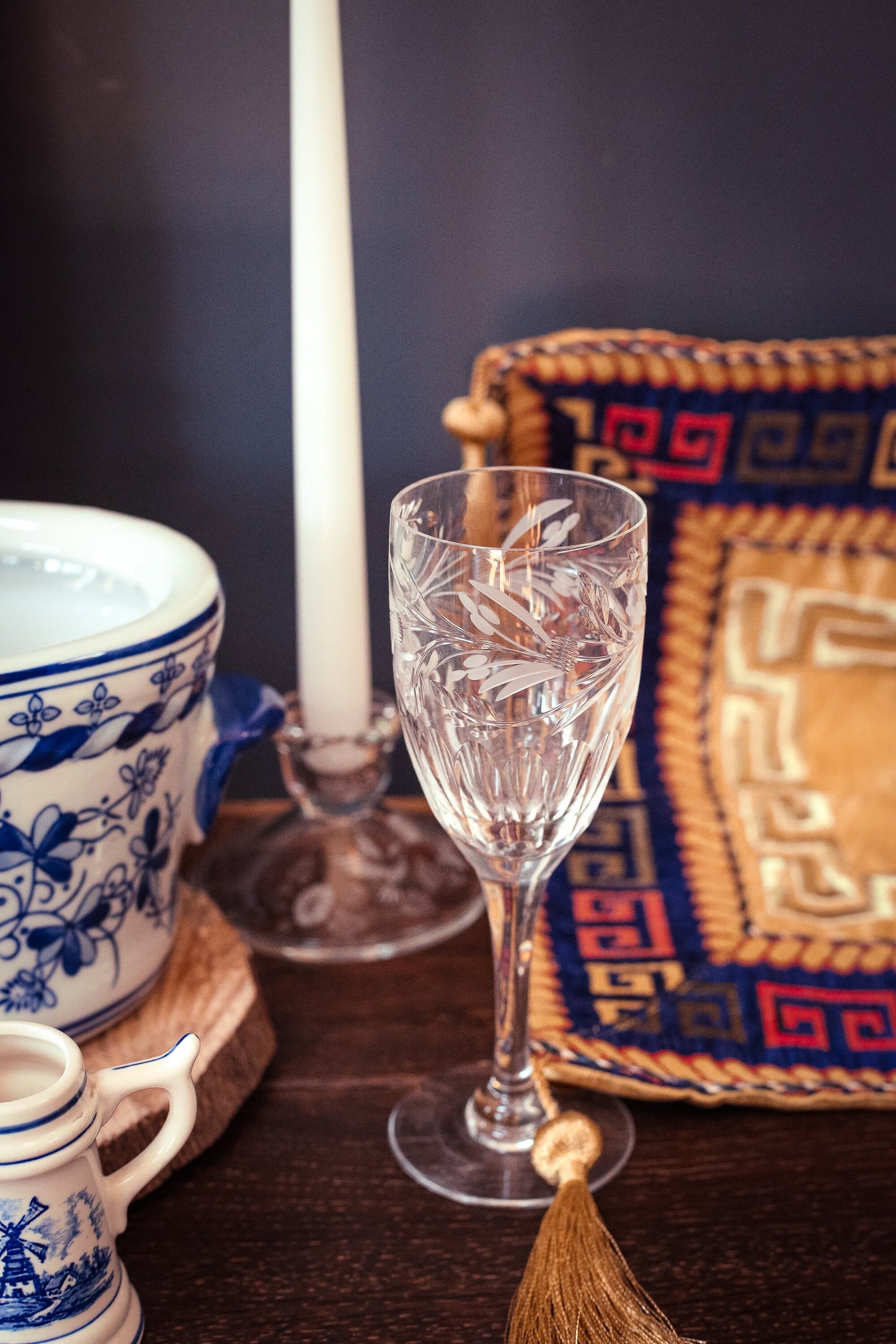 Carved & Etched Crystal Jasmine Wine Glass - Royal Brierly Made in England Carved Glass