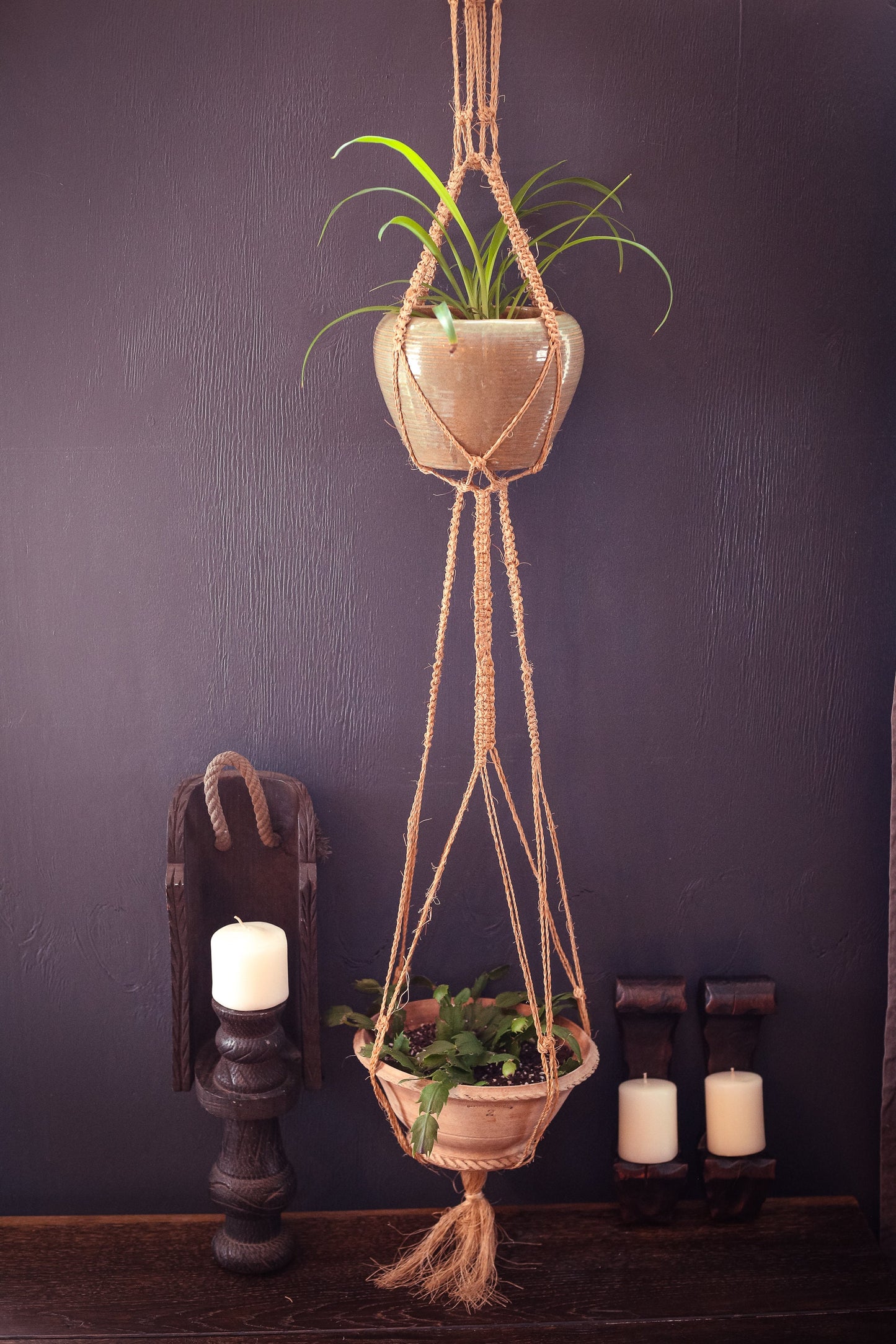 Vintage Twine Macrame Three Tiers Long - Fine Macrame Plant Hanger