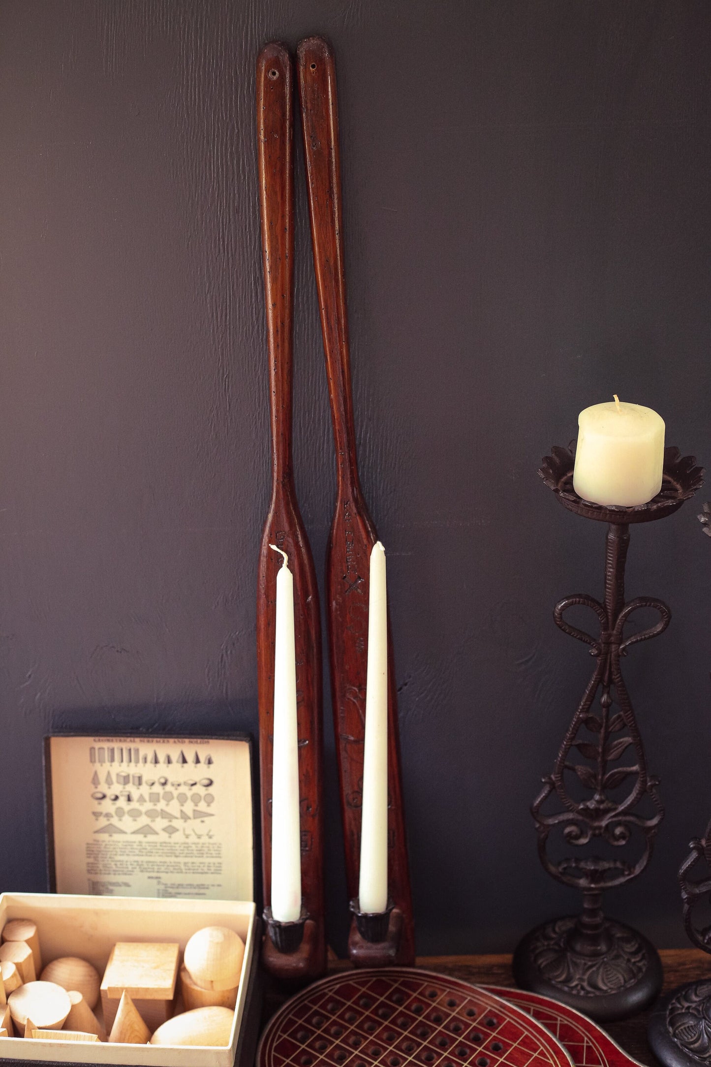 Vintage Wall Candle Holder Pledge Paddle in Wood & Metal - Unique Hand Carved Wooden Wall Candle Holder