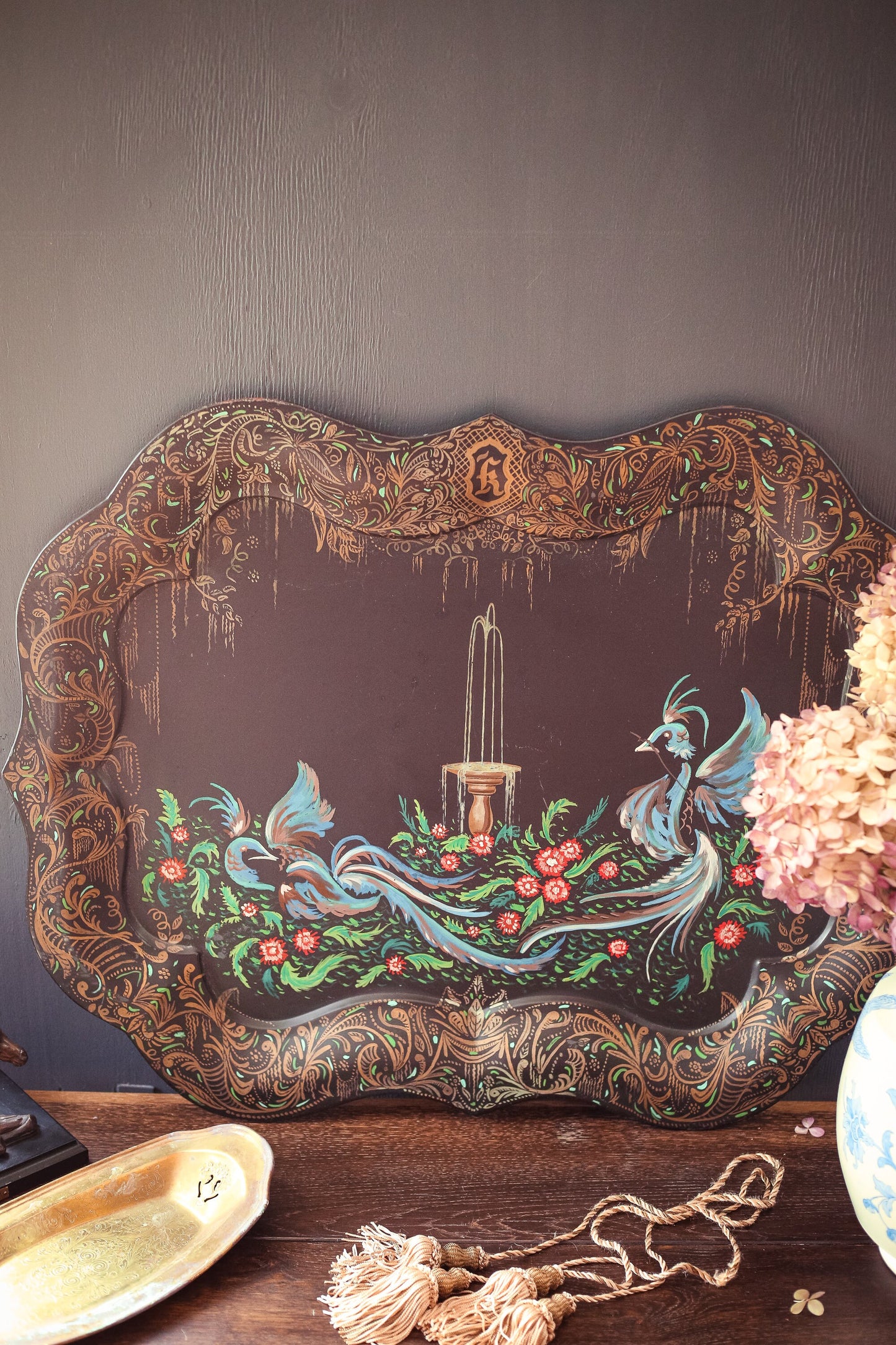 Handpainted Tole Tray with Peacocks & Fountain - Unique Vintage Tole Painted Scenic Garden Pheasants Metal Tray