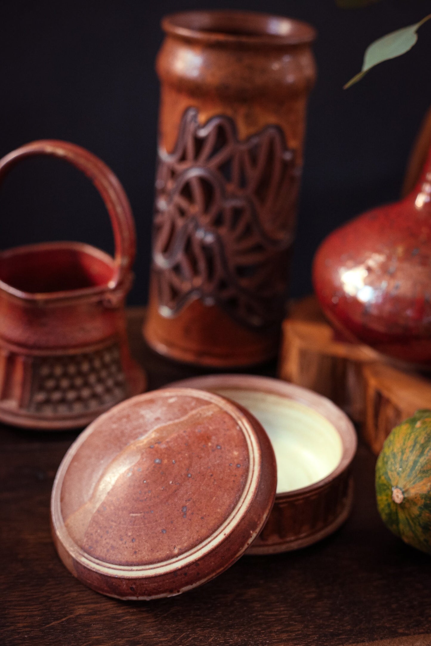 Studio Ceramic Salt Cellar with Earth Tone & Speckled Glaze - Vintage Studio Pottery Round Lidded Dish