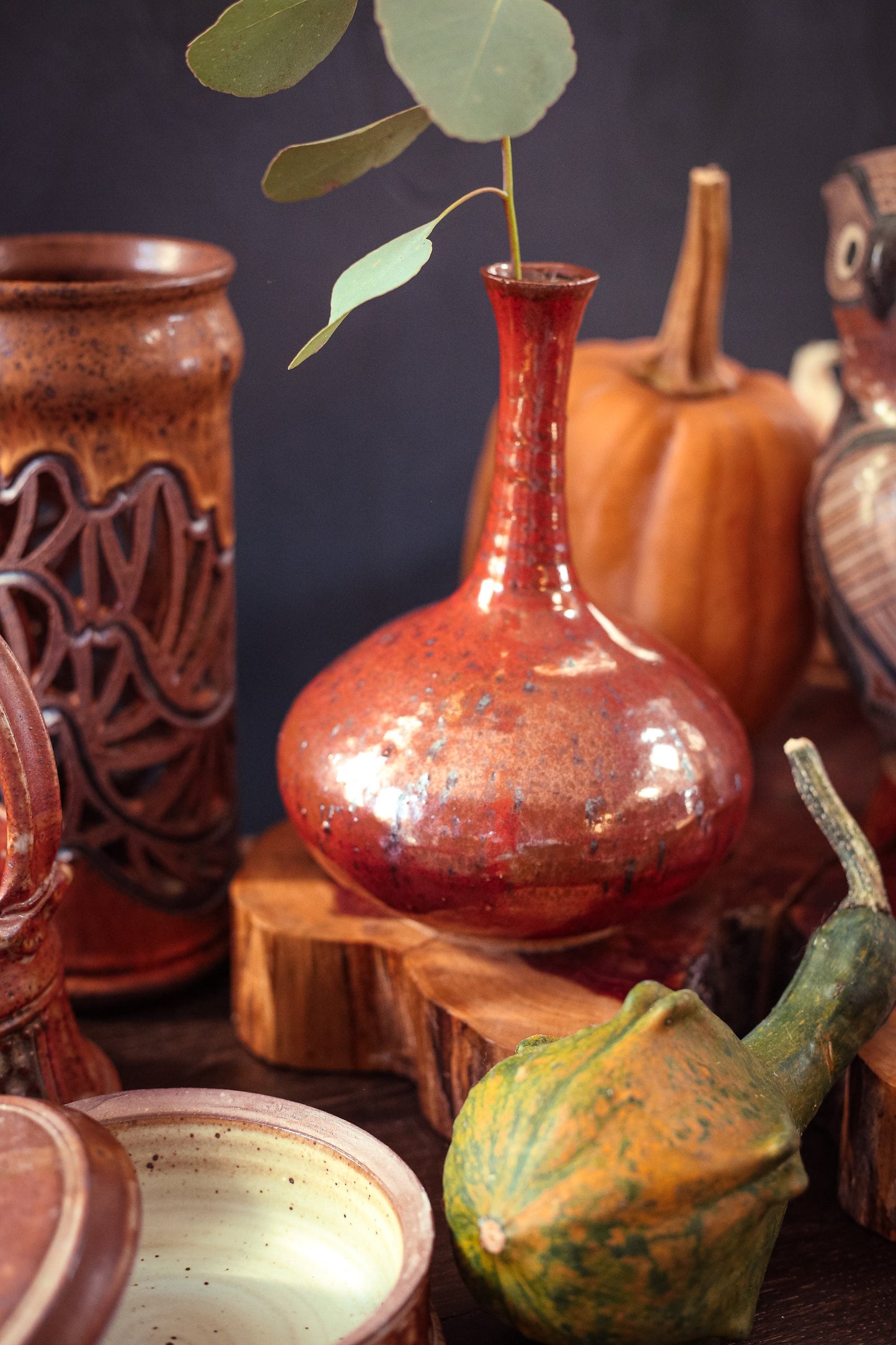 Narrow Neck Studio Pottery Vase in Rust Red with Silver Speckle Glaze - Vintage Hiller Signed Studio Hand Thrown Vase