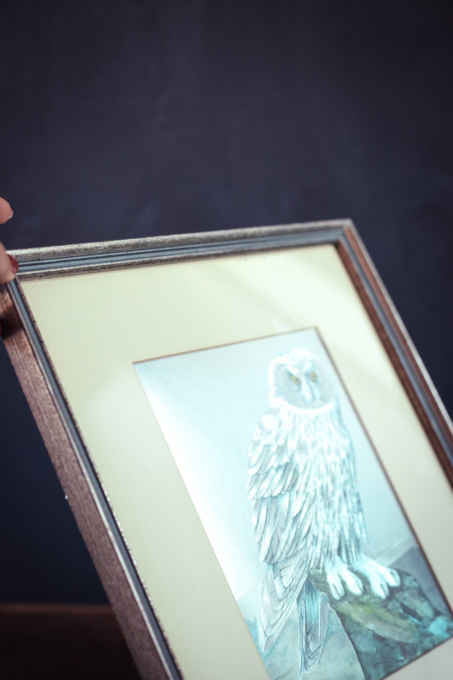 Silver Framed Metallic Owl Art - Vintage Framed Owl Print with Holographic Metallic Details