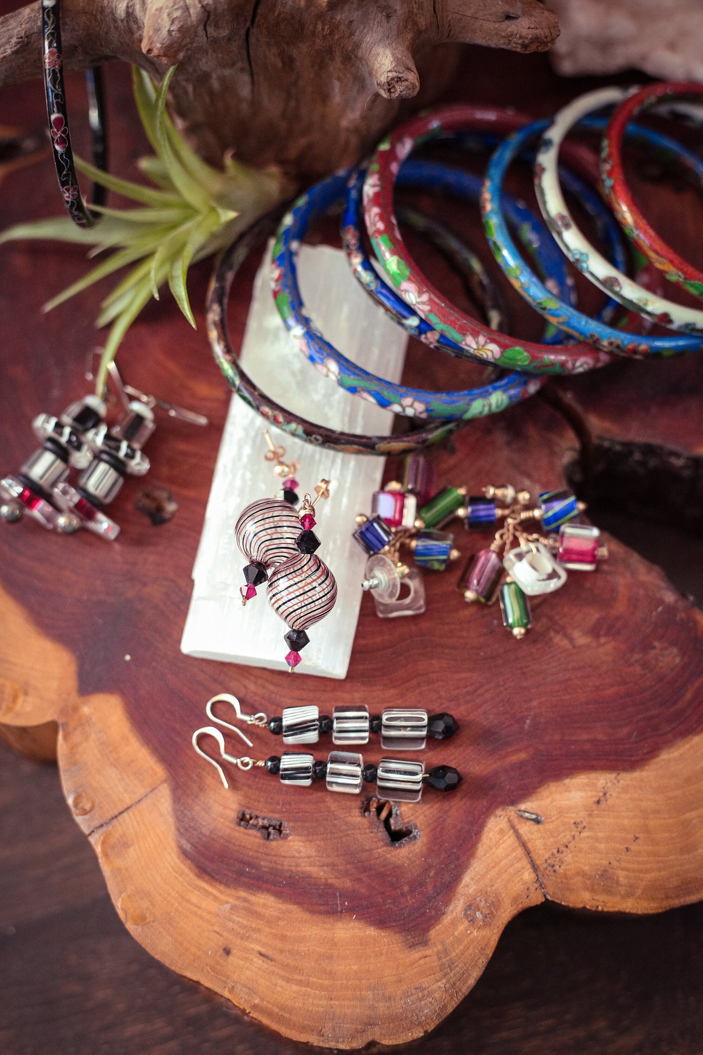 Colorful Hand Rolled Cut Glass Beads with 14K Gold Filled Ball Post Back - Vintage Studio Glass Cluster Earrings