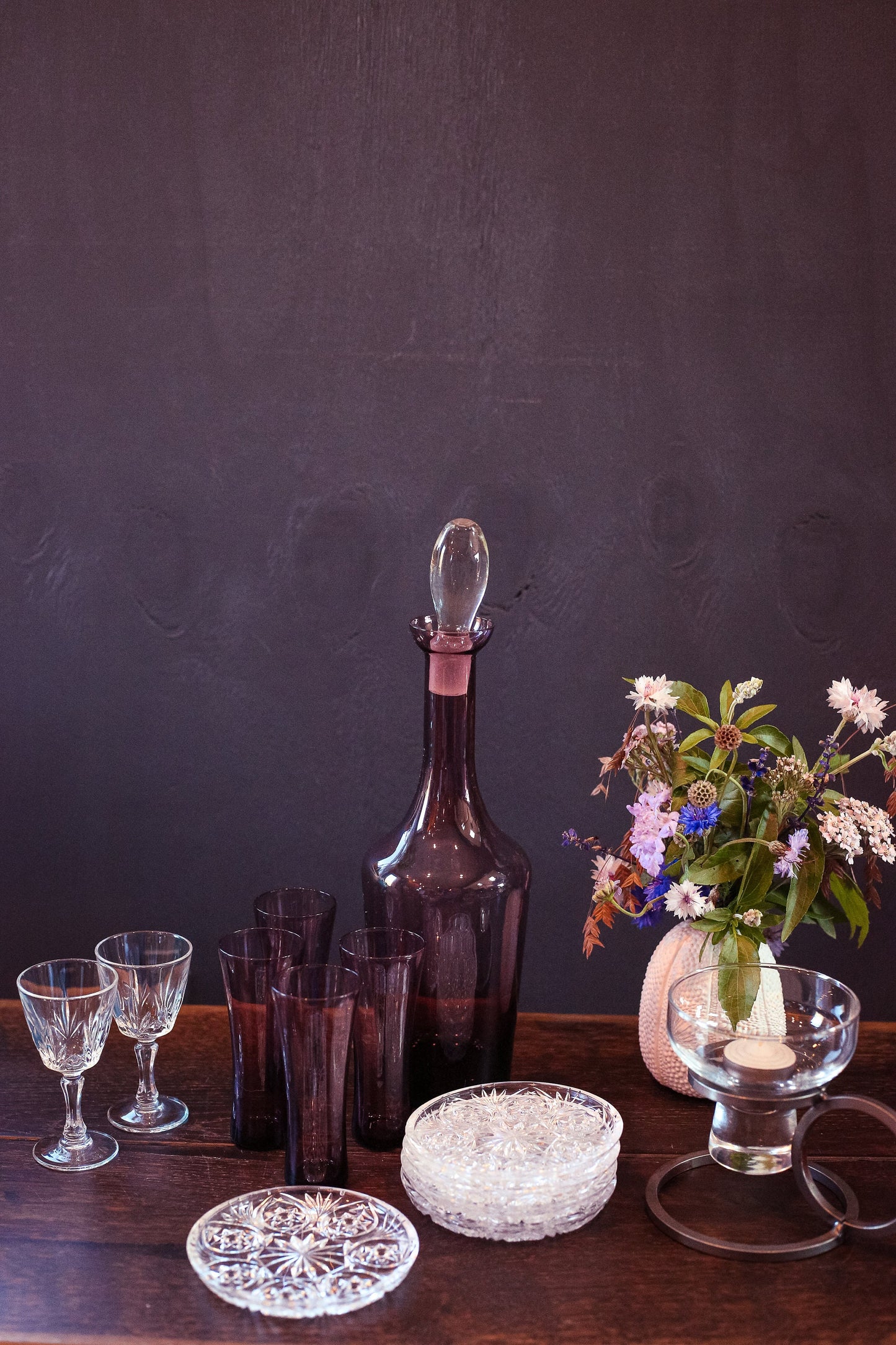 Amethyst Glass Decanter and Shot Glasses - Vintage Midcentury Modern Barware Purple Glass