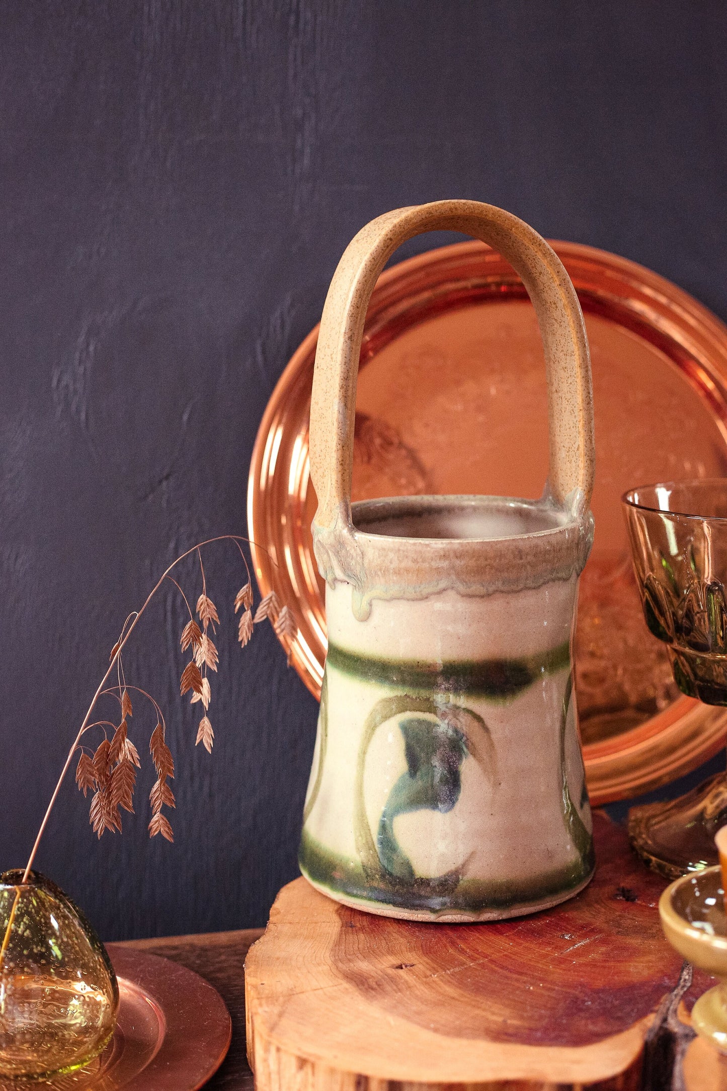 Ecru and Olive Glazed Ceramic Basket Vase - Vintage Studio Pottery Signed RB