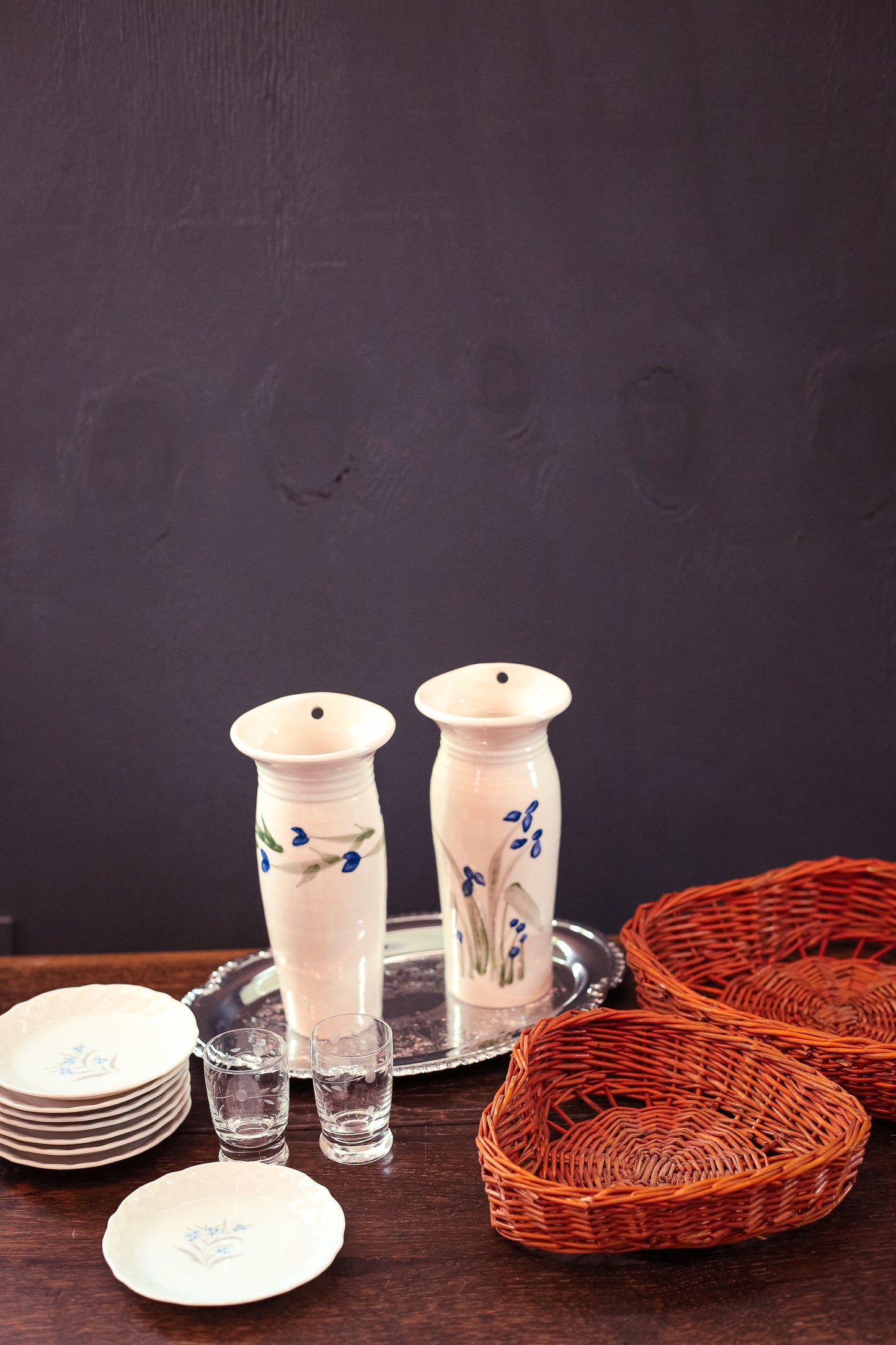 Small Porcelain Plates with Blue & Silver Flowers - Set of 4 Vintage Petite Porcelain Dishes