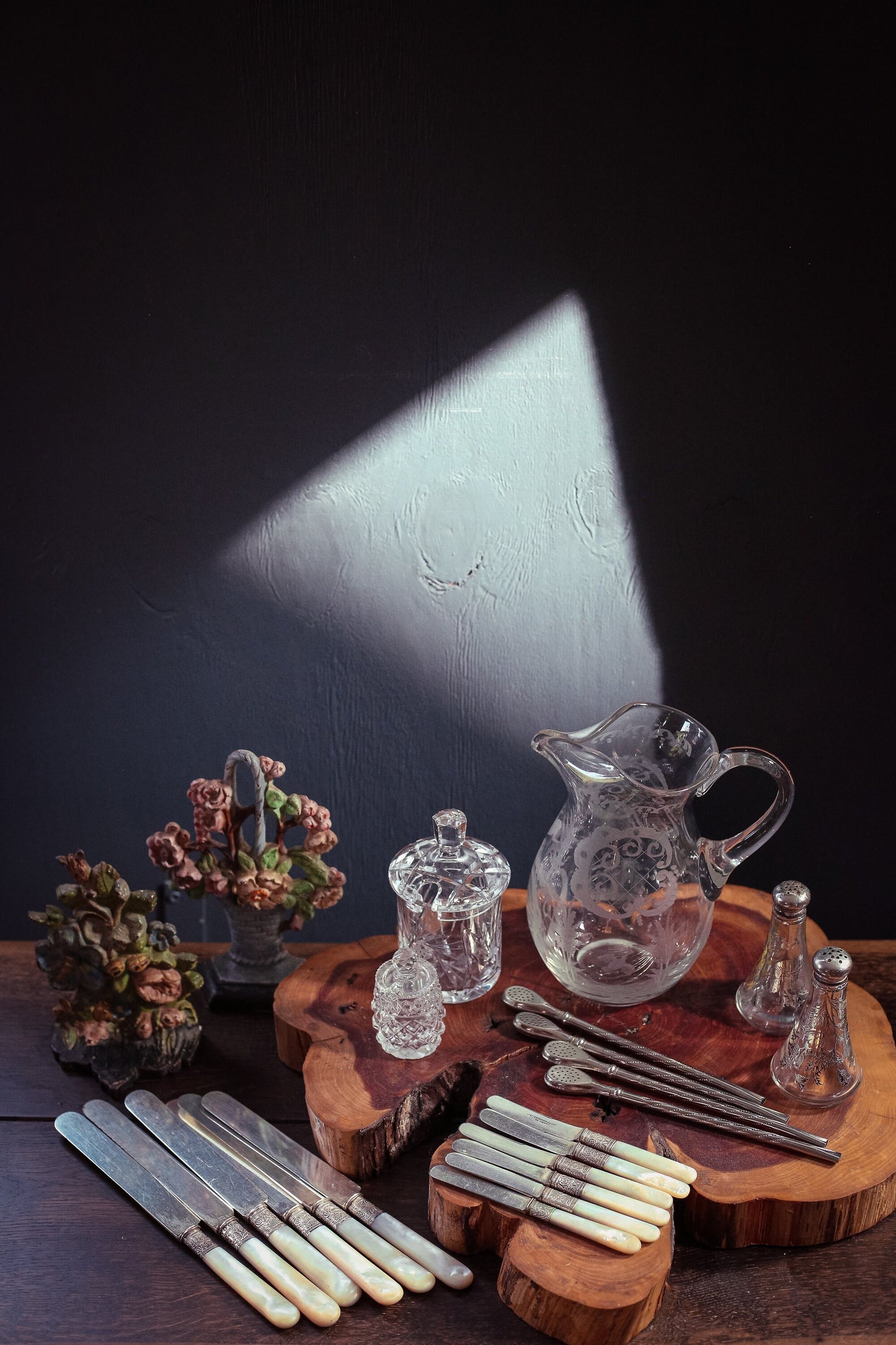 Silver Floral Filigree Foil on Glass Salt and Pepper Shaker - Vintage Glass Salt/Pepper Set