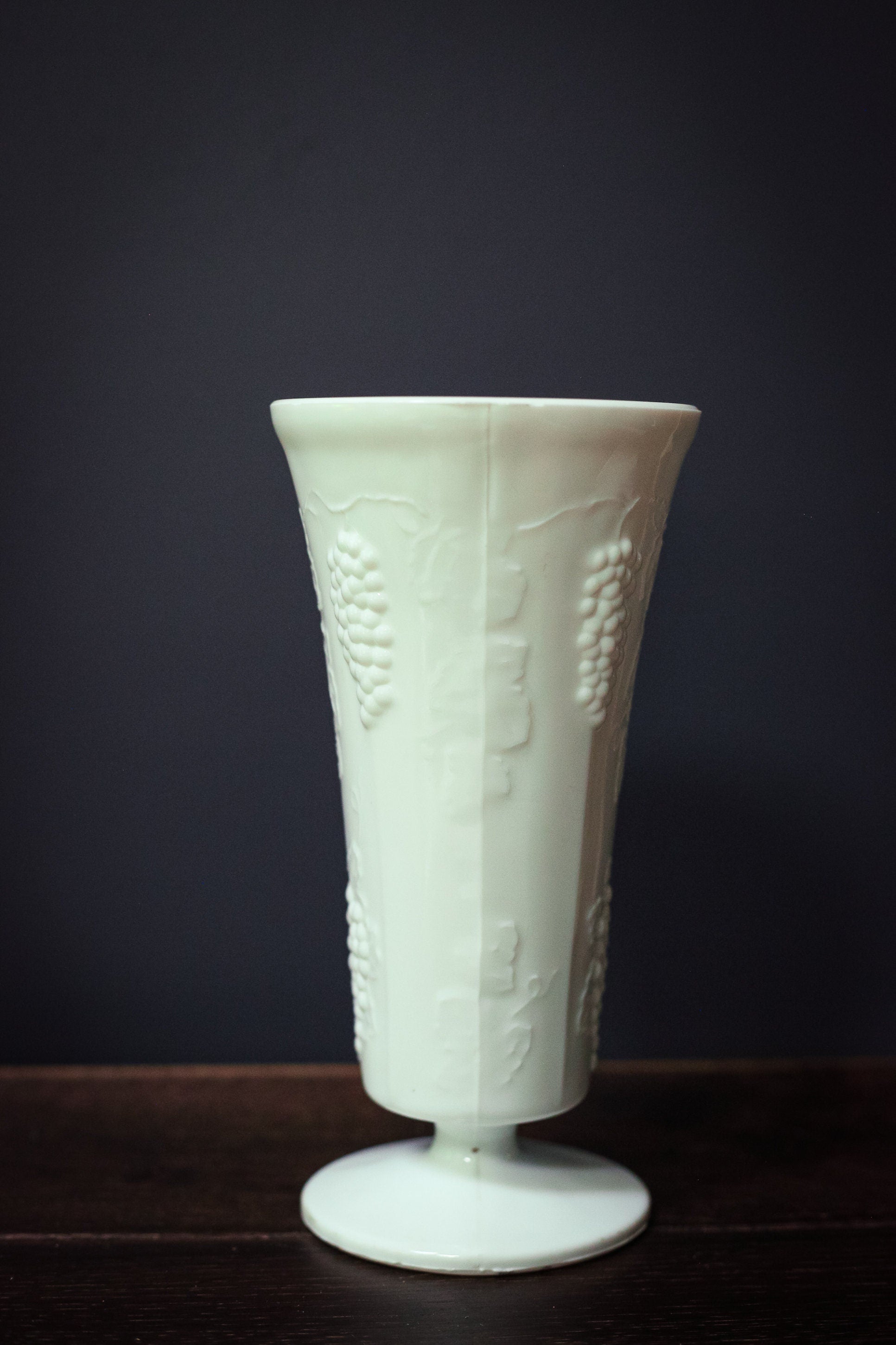 Milk Glass Depression Glass Vase with Grape Clusters & Leaves Pattern - Milkglass Colony Harvest Footed Vase
