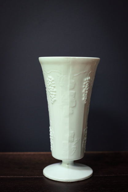 Milk Glass Depression Glass Vase with Grape Clusters & Leaves Pattern - Milkglass Colony Harvest Footed Vase