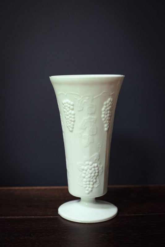 Milk Glass Depression Glass Vase with Grape Clusters & Leaves Pattern - Milkglass Colony Harvest Footed Vase