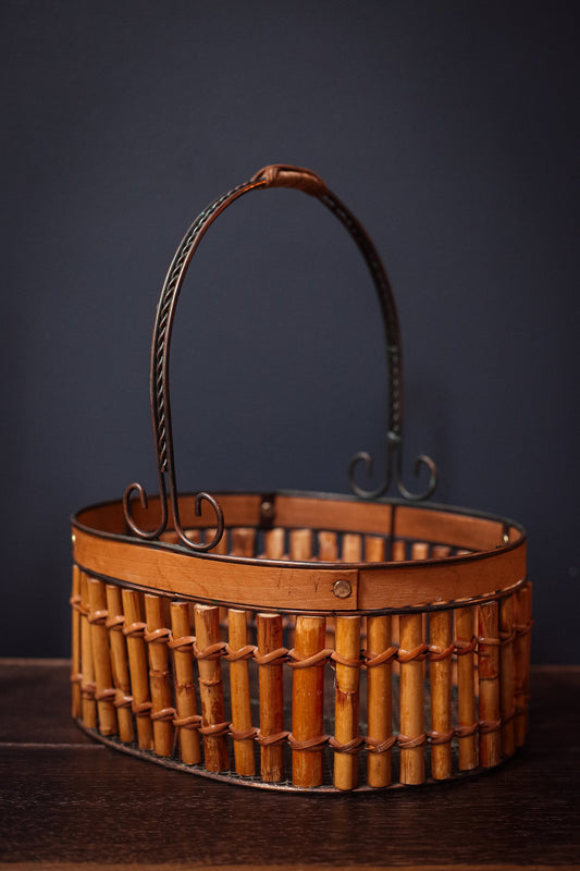 Wire Bamboo Oval Flat Bottom Basket - Boho South Asian Basket Decor