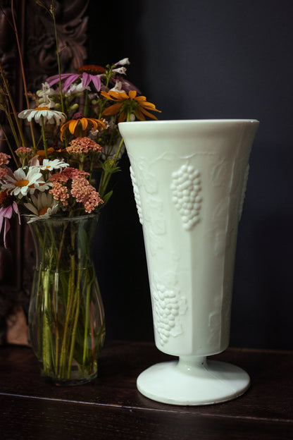 Milk Glass Depression Glass Vase with Grape Clusters & Leaves Pattern - Milkglass Colony Harvest Footed Vase