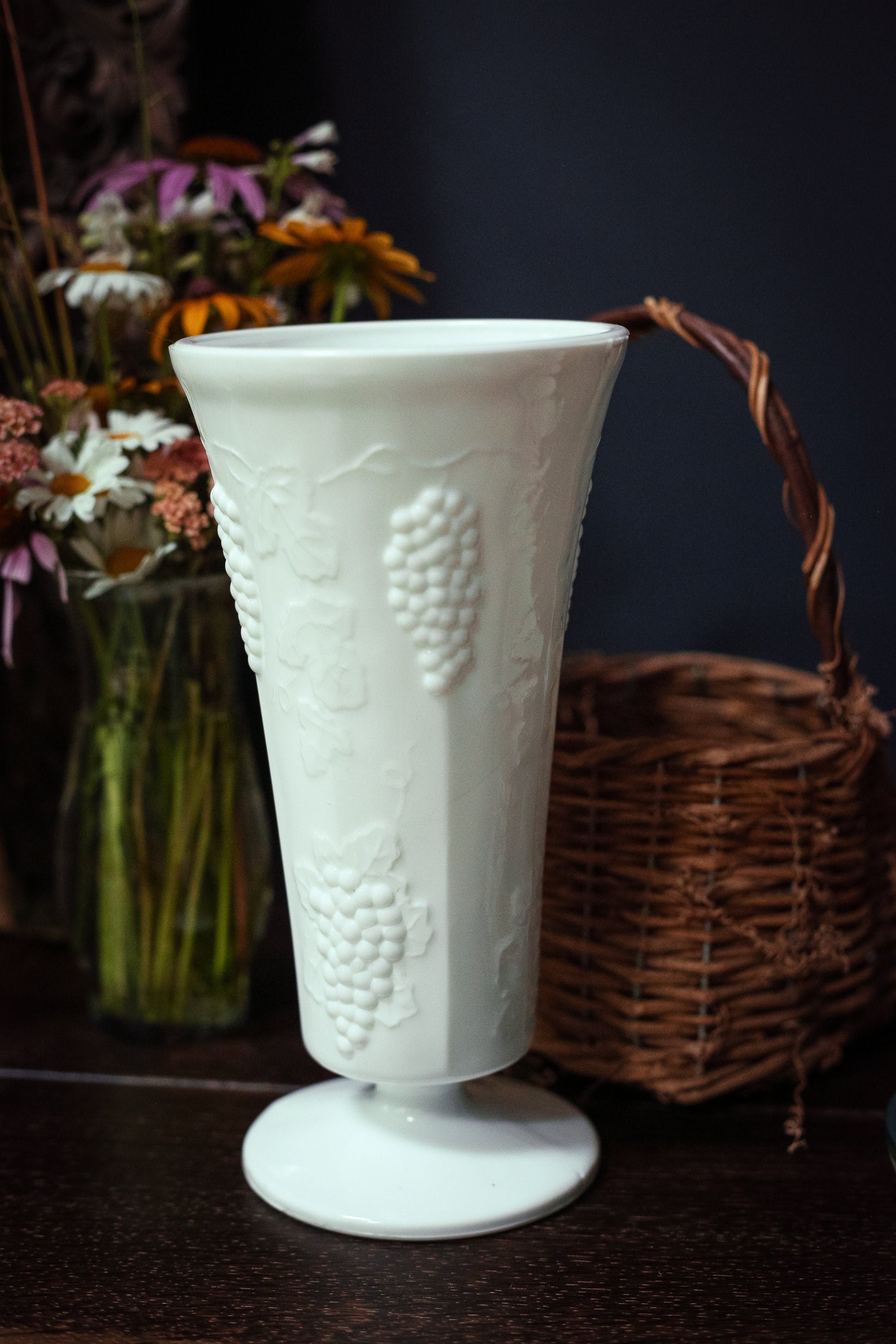 Milk Glass Depression Glass Vase with Grape Clusters & Leaves Pattern - Milkglass Colony Harvest Footed Vase