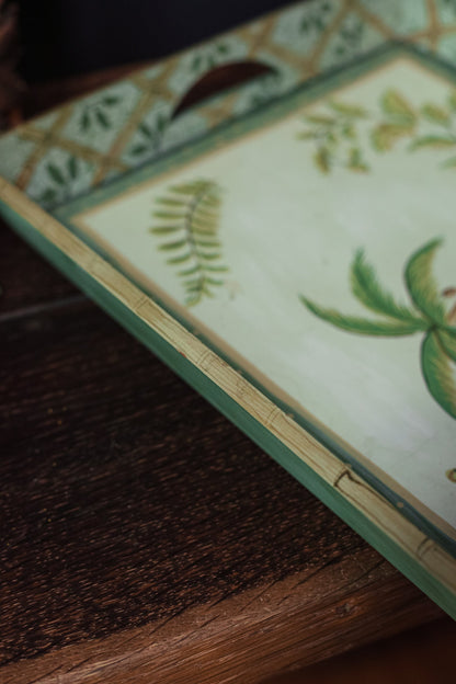 Set of Two Palm Tree and Bamboo Green Nesting Trays - Pair of Decorative Wood Serving Trays with Handles
