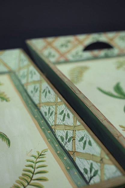 Set of Two Palm Tree and Bamboo Green Nesting Trays - Pair of Decorative Wood Serving Trays with Handles