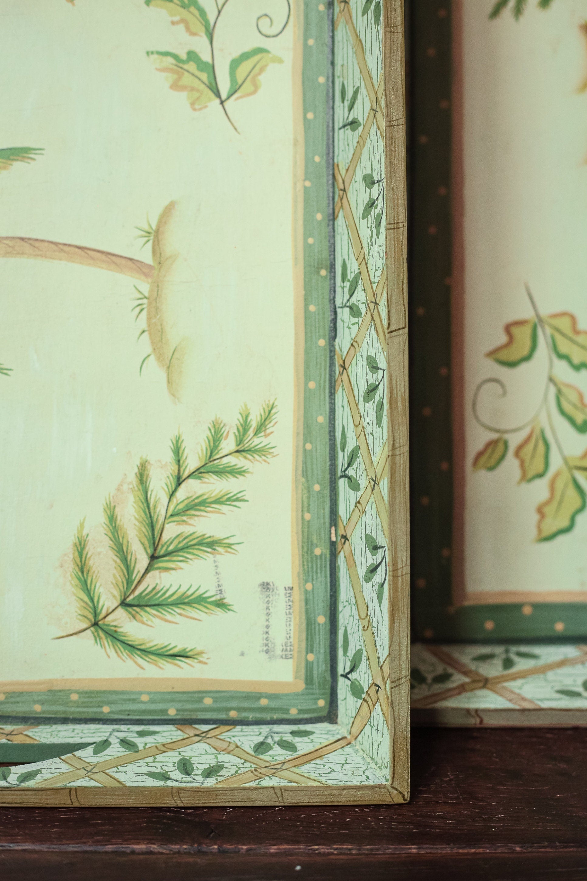 Set of Two Palm Tree and Bamboo Green Nesting Trays - Pair of Decorative Wood Serving Trays with Handles