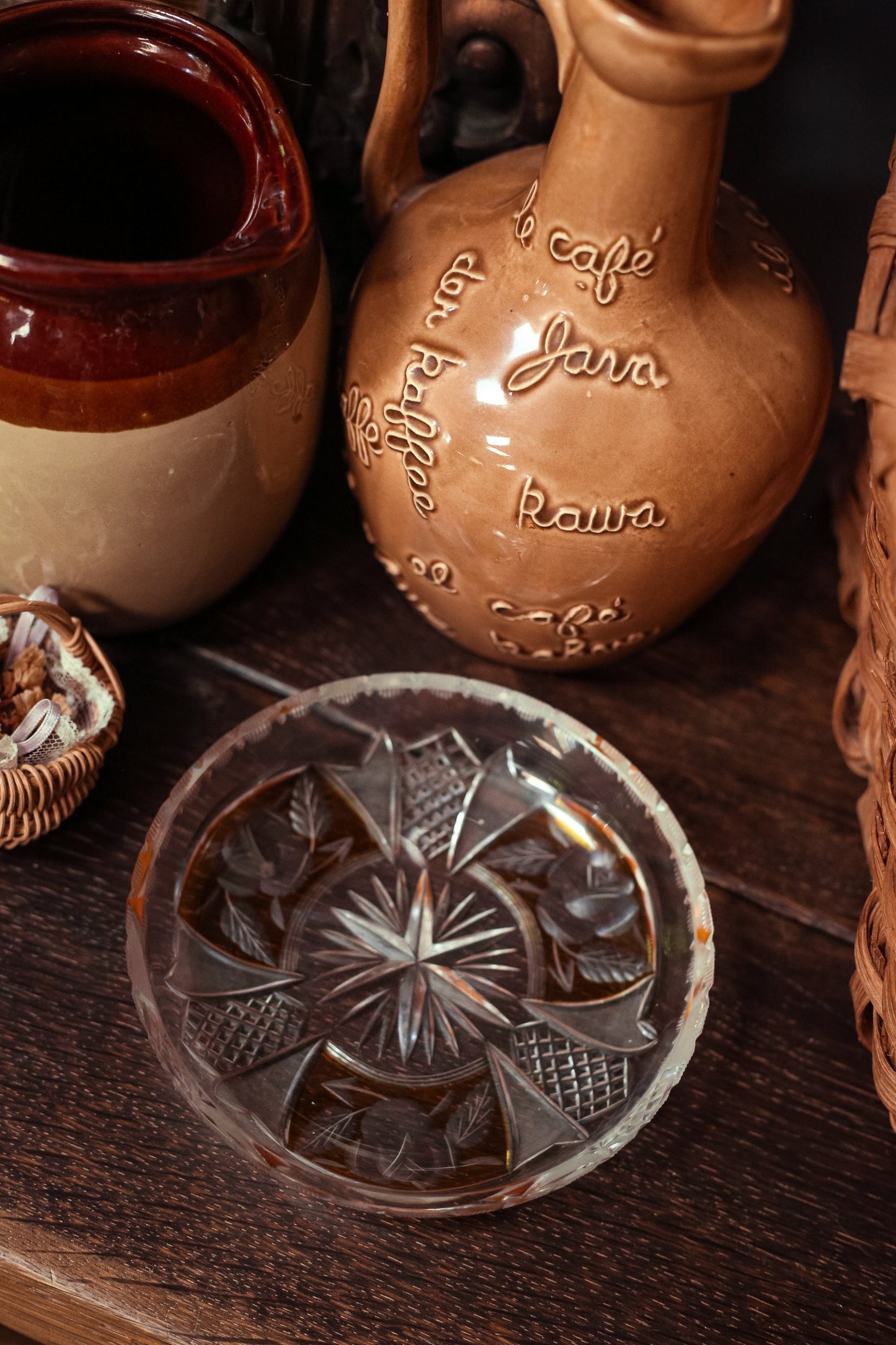 Clear and Yellow Cut Glass Ring Dish - Midcentury Modern Vintage Leaded Glass Dish Ash Tray