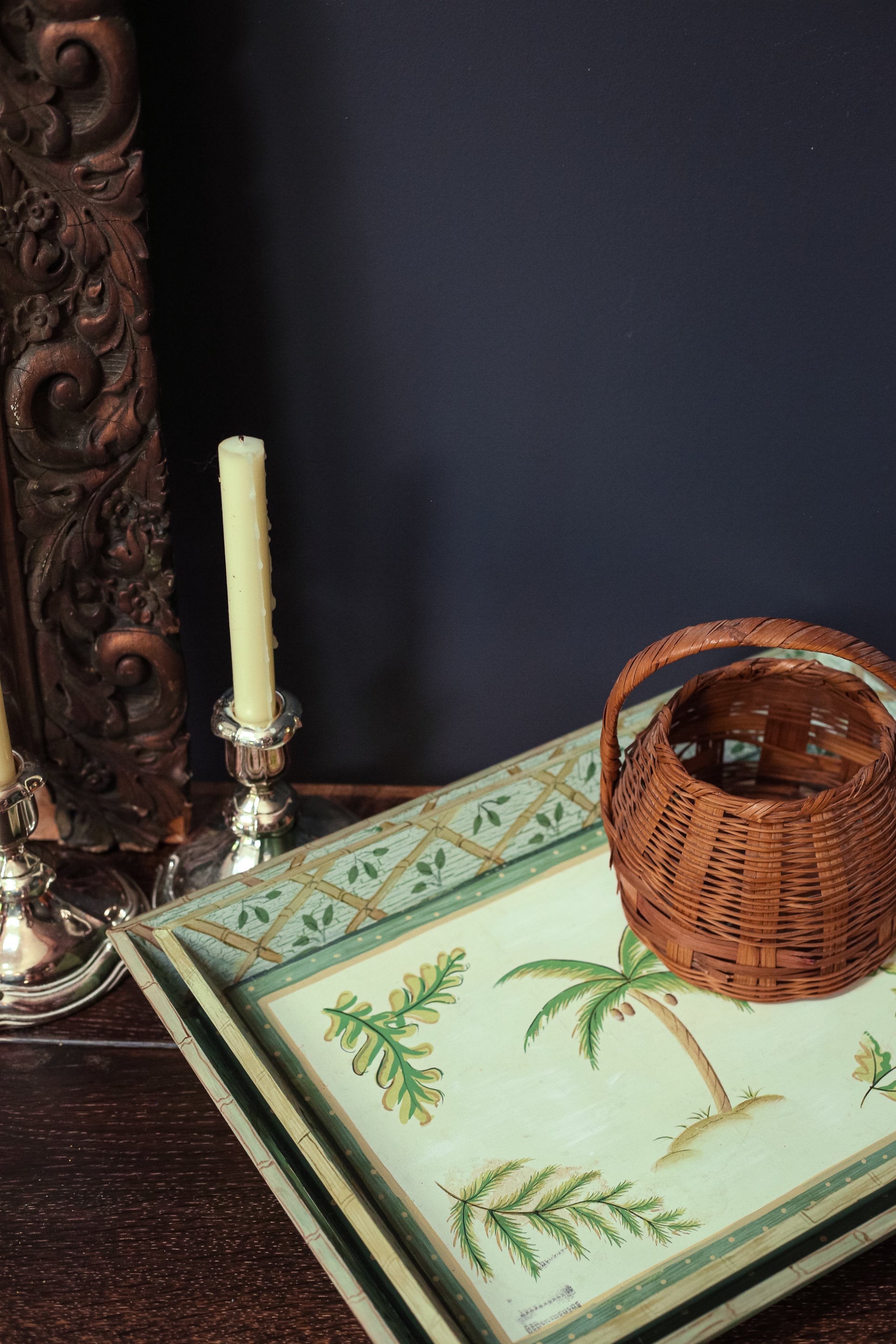 Set of Two Palm Tree and Bamboo Green Nesting Trays - Pair of Decorative Wood Serving Trays with Handles