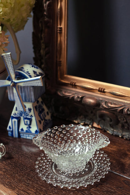 Clear Hobnail Bowl with Handles and Matching Glass Dish - Dot Depression Glass Candy Dish & Saucer