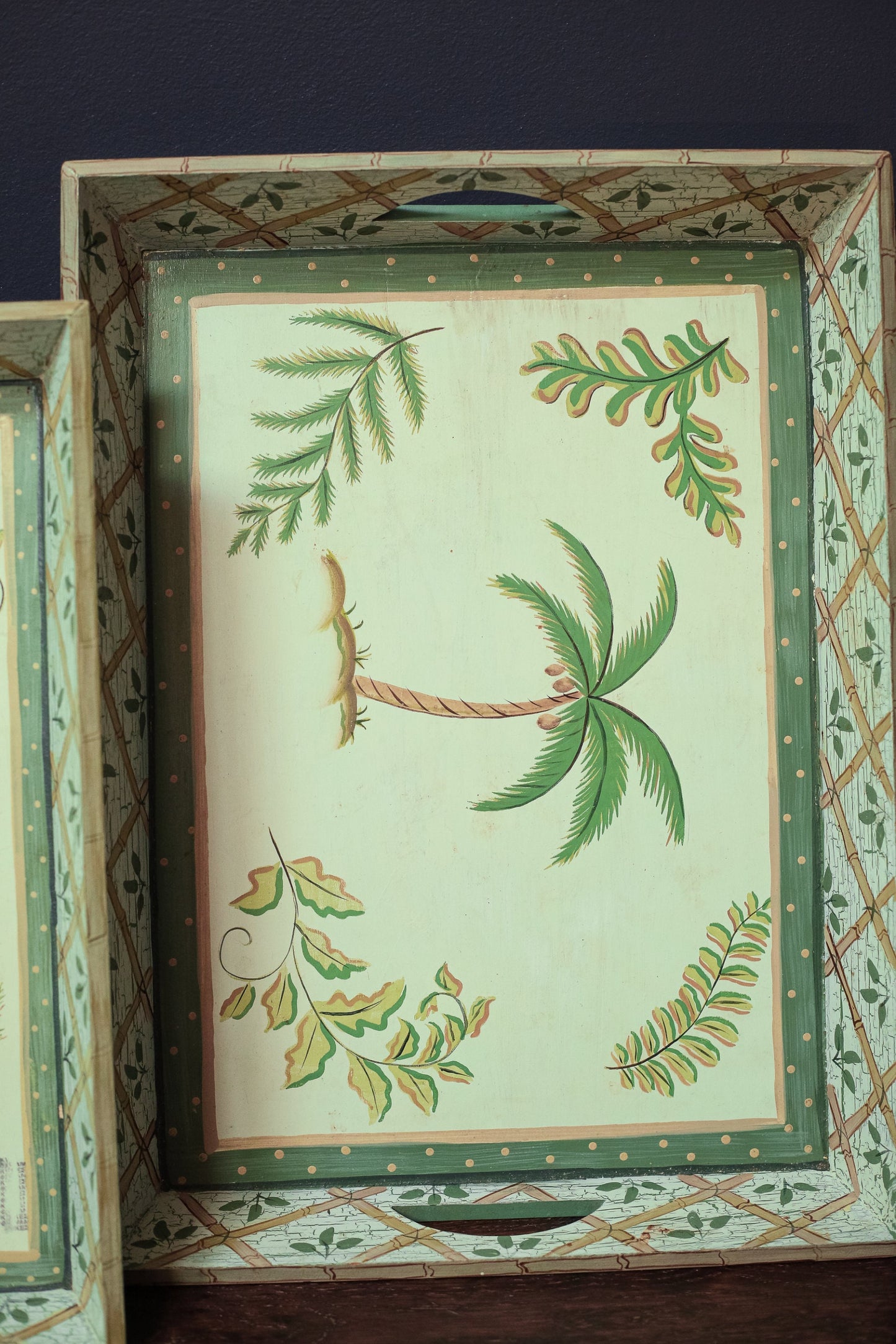 Set of Two Palm Tree and Bamboo Green Nesting Trays - Pair of Decorative Wood Serving Trays with Handles