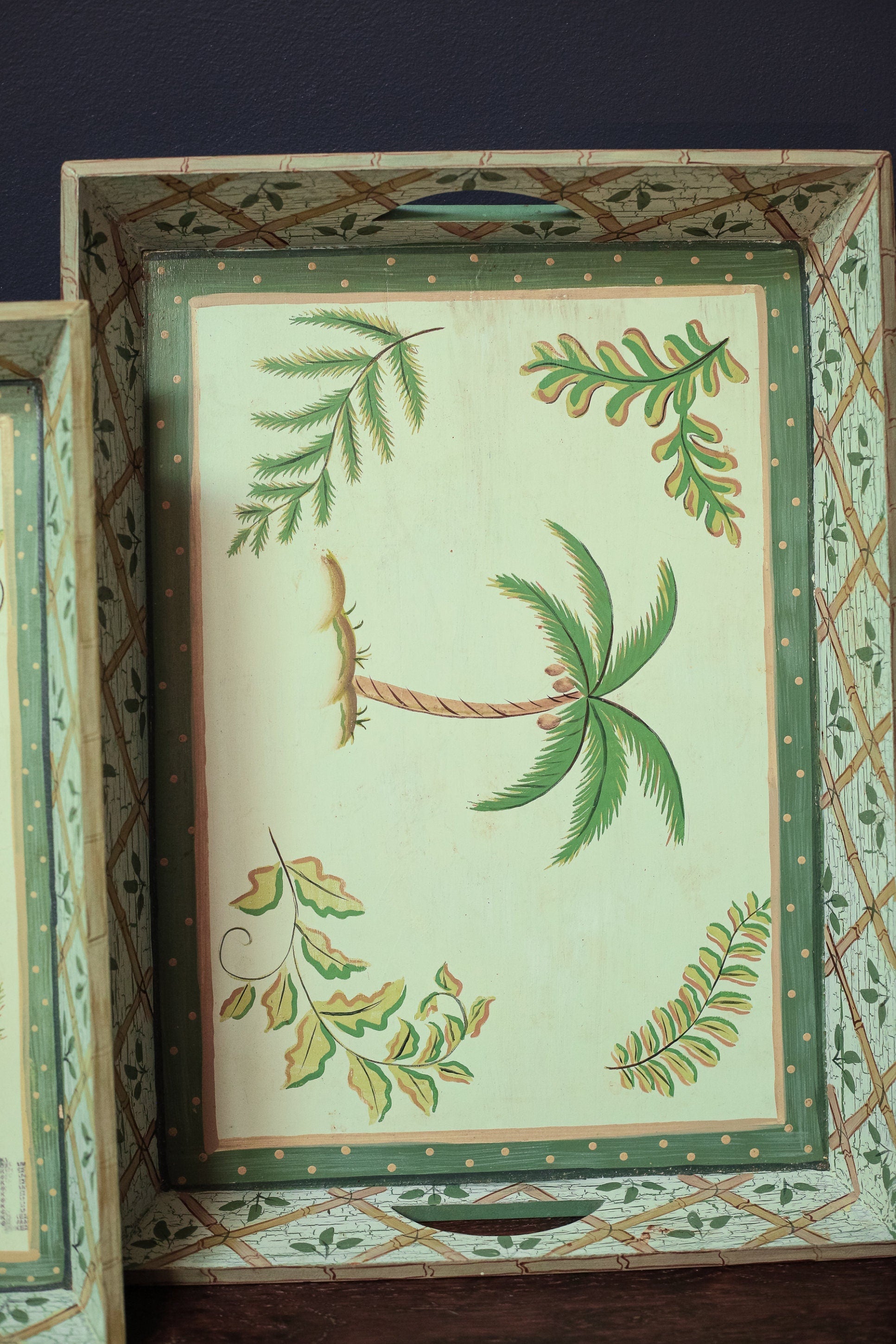 Set of Two Palm Tree and Bamboo Green Nesting Trays - Pair of Decorative Wood Serving Trays with Handles