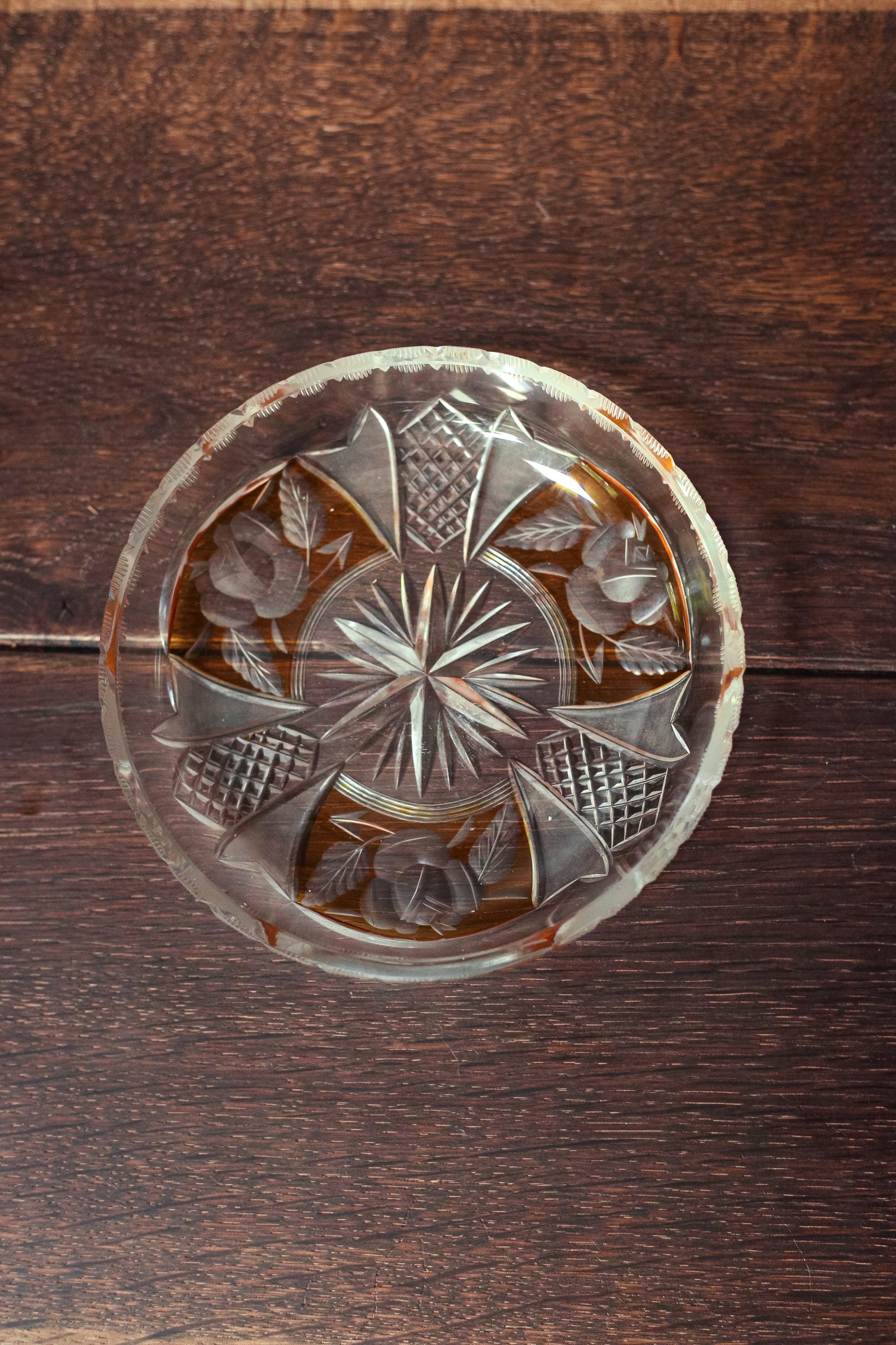 Clear and Yellow Cut Glass Ring Dish - Midcentury Modern Vintage Leaded Glass Dish Ash Tray