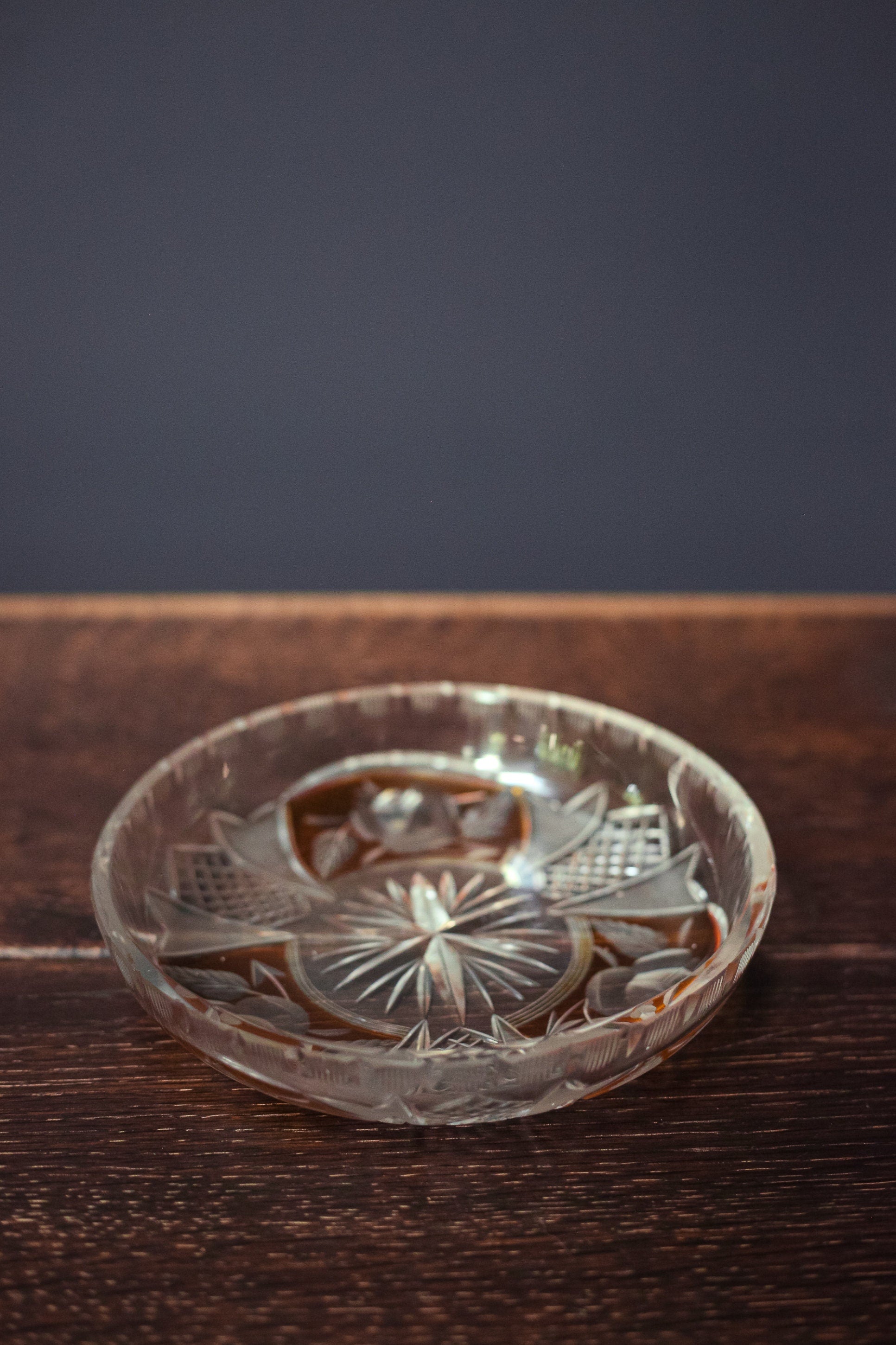Clear and Yellow Cut Glass Ring Dish - Midcentury Modern Vintage Leaded Glass Dish Ash Tray
