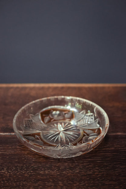 Clear and Yellow Cut Glass Ring Dish - Midcentury Modern Vintage Leaded Glass Dish Ash Tray