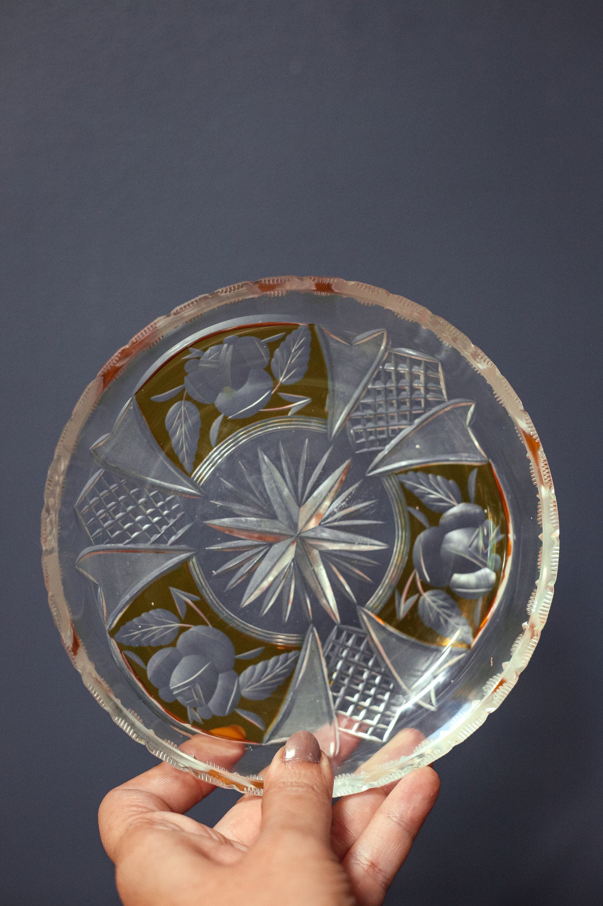 Clear and Yellow Cut Glass Ring Dish - Midcentury Modern Vintage Leaded Glass Dish Ash Tray