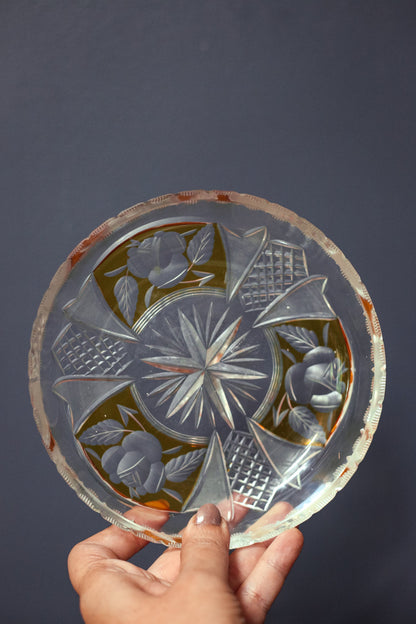 Clear and Yellow Cut Glass Ring Dish - Midcentury Modern Vintage Leaded Glass Dish Ash Tray