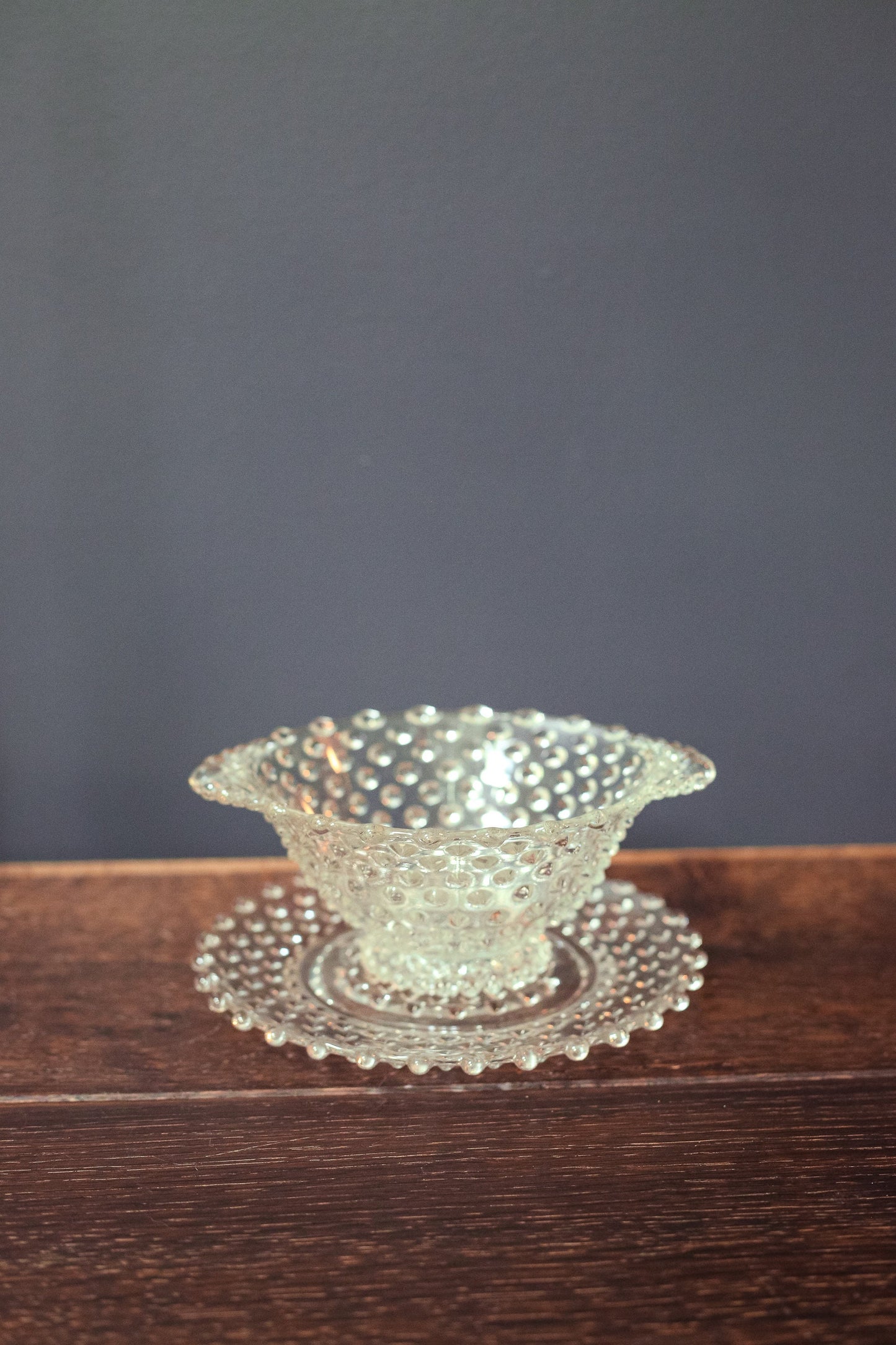 Clear Hobnail Bowl with Handles and Matching Glass Dish - Dot Depression Glass Candy Dish & Saucer