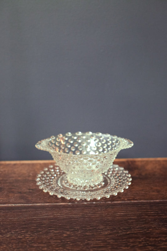 Clear Hobnail Bowl with Handles and Matching Glass Dish - Dot Depression Glass Candy Dish & Saucer