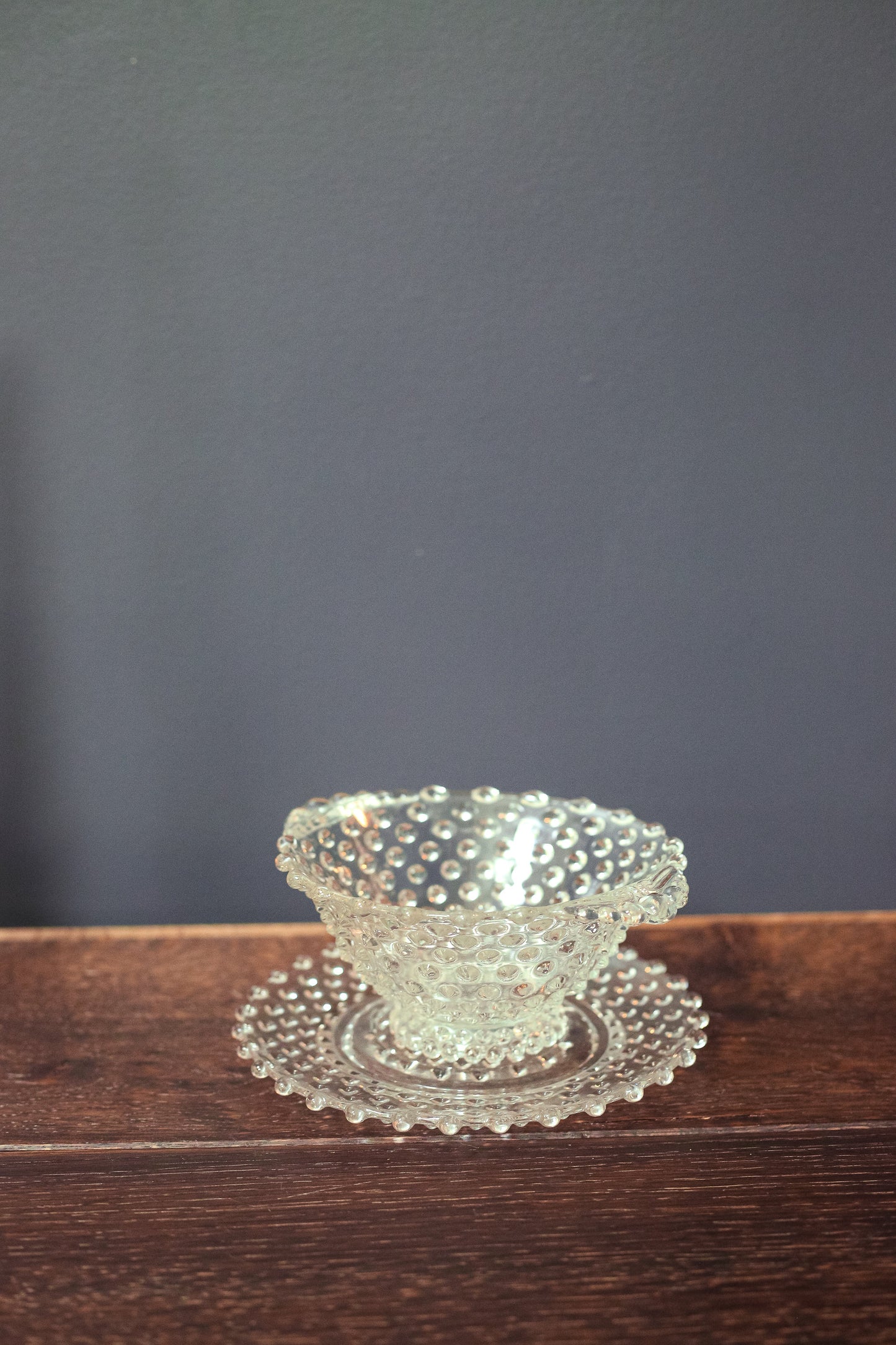 Clear Hobnail Bowl with Handles and Matching Glass Dish - Dot Depression Glass Candy Dish & Saucer