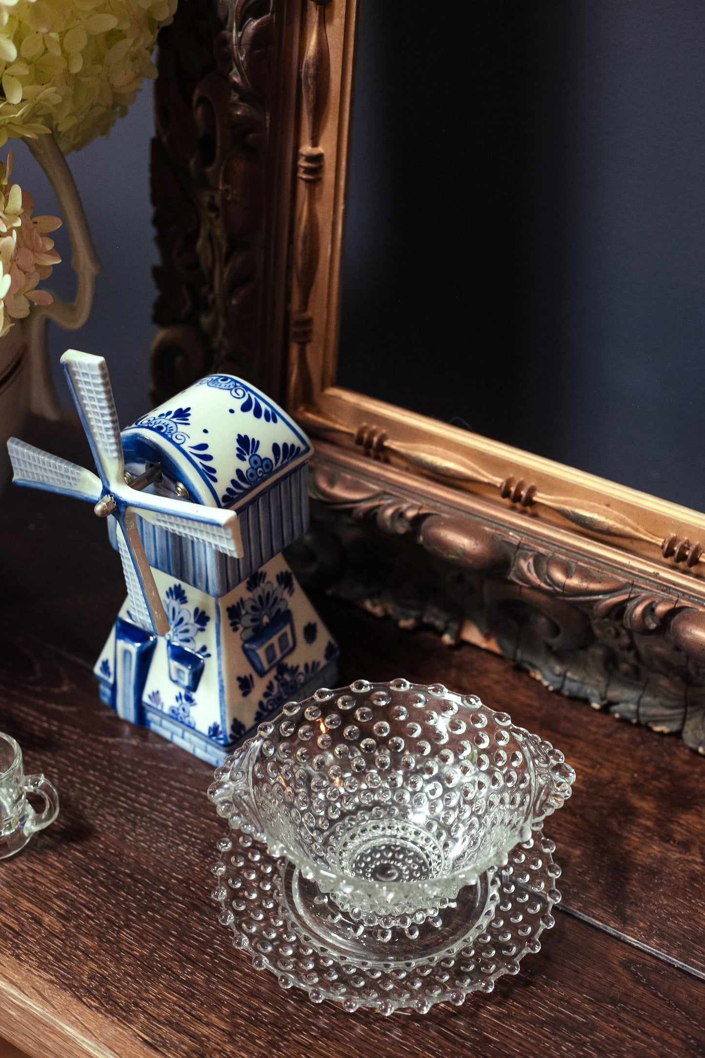 Clear Hobnail Bowl with Handles and Matching Glass Dish - Dot Depression Glass Candy Dish & Saucer