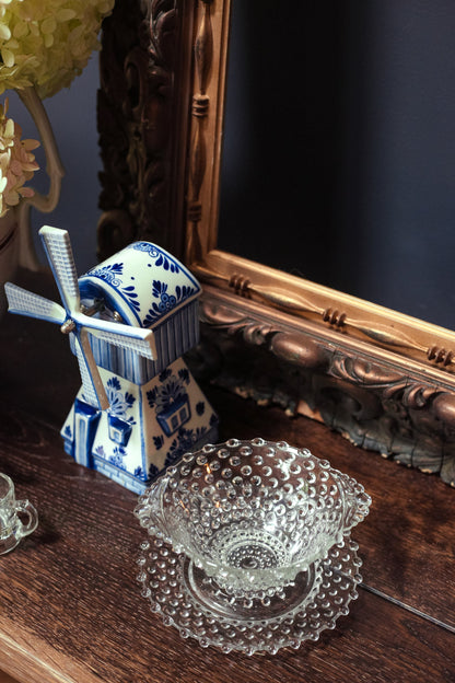 Clear Hobnail Bowl with Handles and Matching Glass Dish - Dot Depression Glass Candy Dish & Saucer