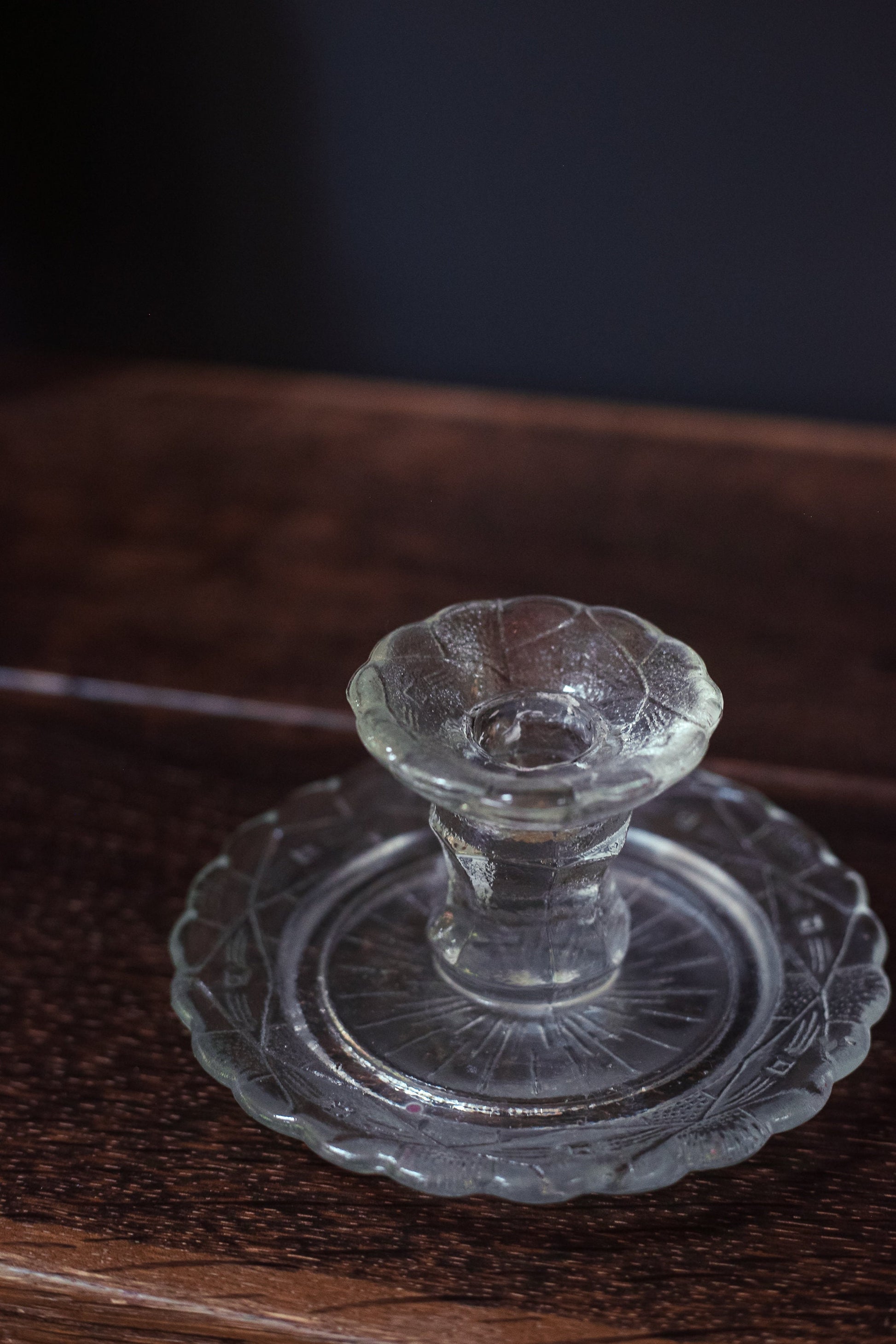 Cut Glass Candle Holder with Handle - Vintage Geometric Cut Glass Chamber Candle Base