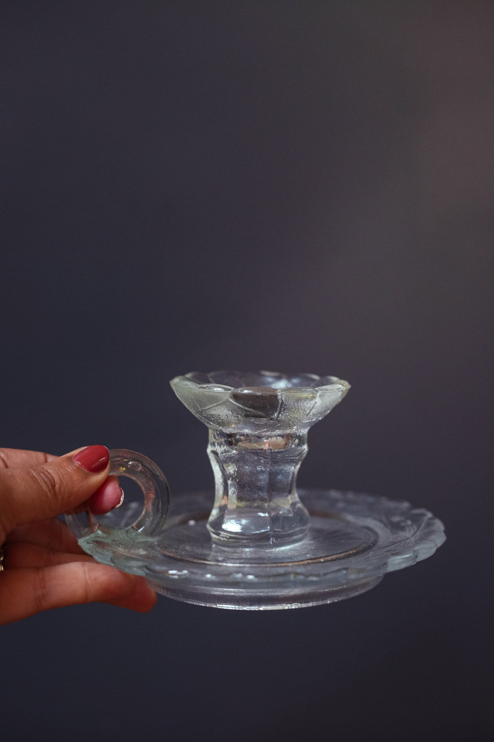 Cut Glass Candle Holder with Handle - Vintage Geometric Cut Glass Chamber Candle Base