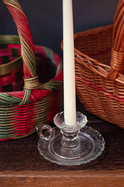 Cut Glass Candle Holder with Handle - Vintage Geometric Cut Glass Chamber Candle Base