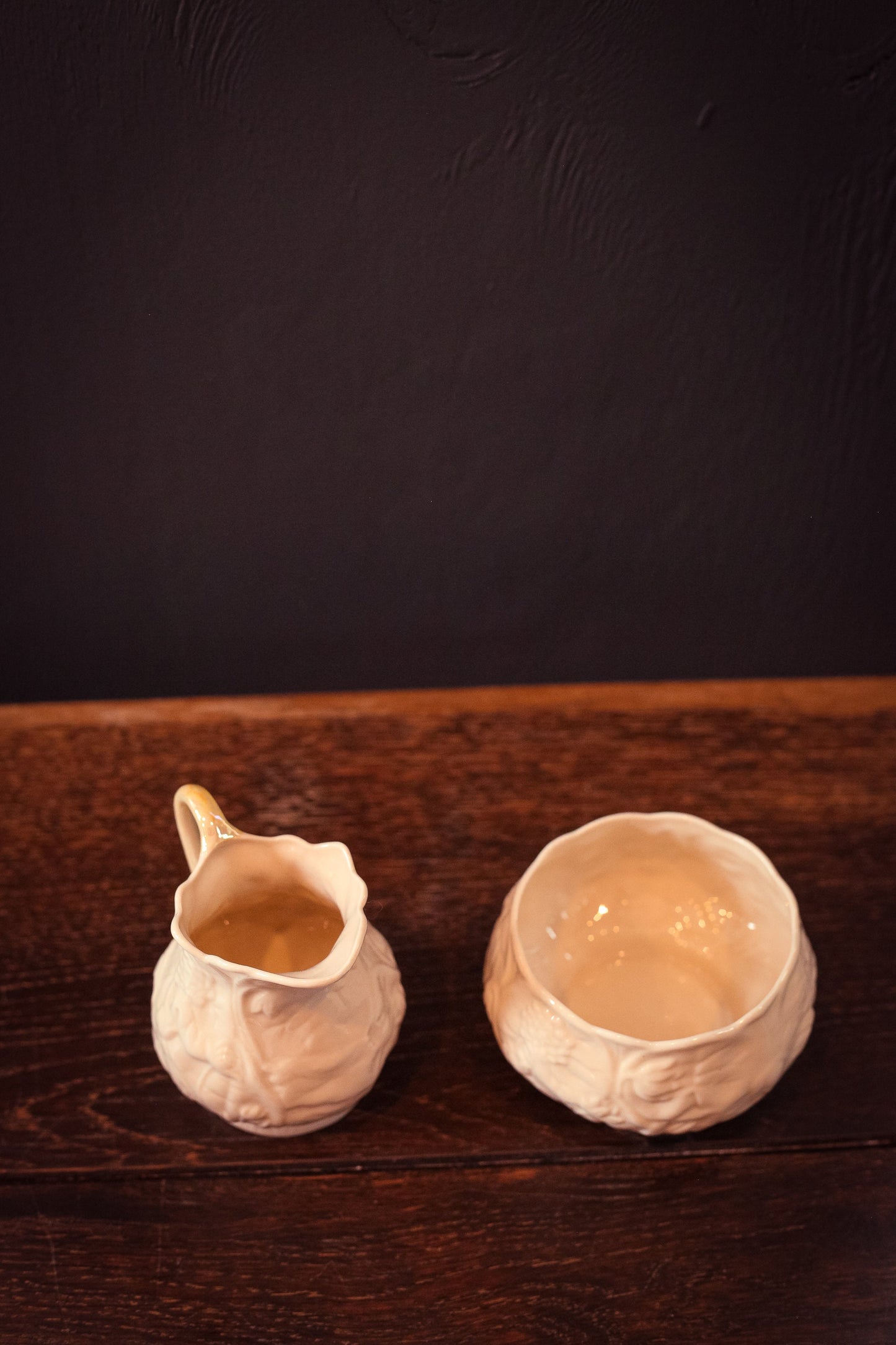 Porcelain Lotus Pattern Cream Sugar Set Belleek Ireland - Antique Mini Porcelain Cream & Sugar Set