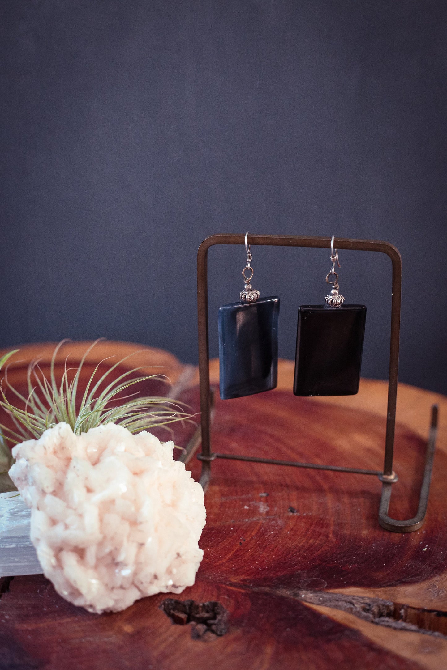 Silver & Black Psilomelane Earrings - Vintage Black Stone Earrings